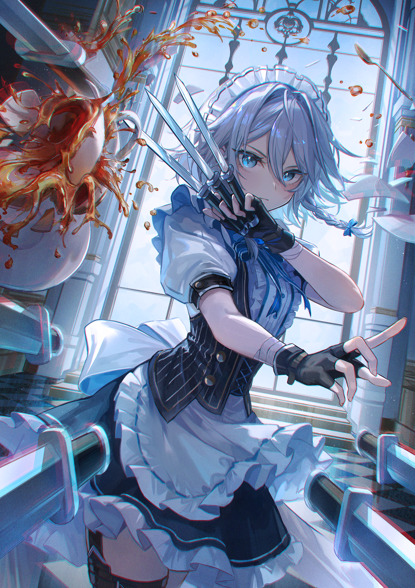 Anime 1447x2047 Pixiv anime anime girls Touhou Izayoi Sakuya knife gloves fingerless gloves looking at viewer drink broken glass braids blue eyes maid maid outfit short hair checkered portrait display weapon window hair bows silver hair cup