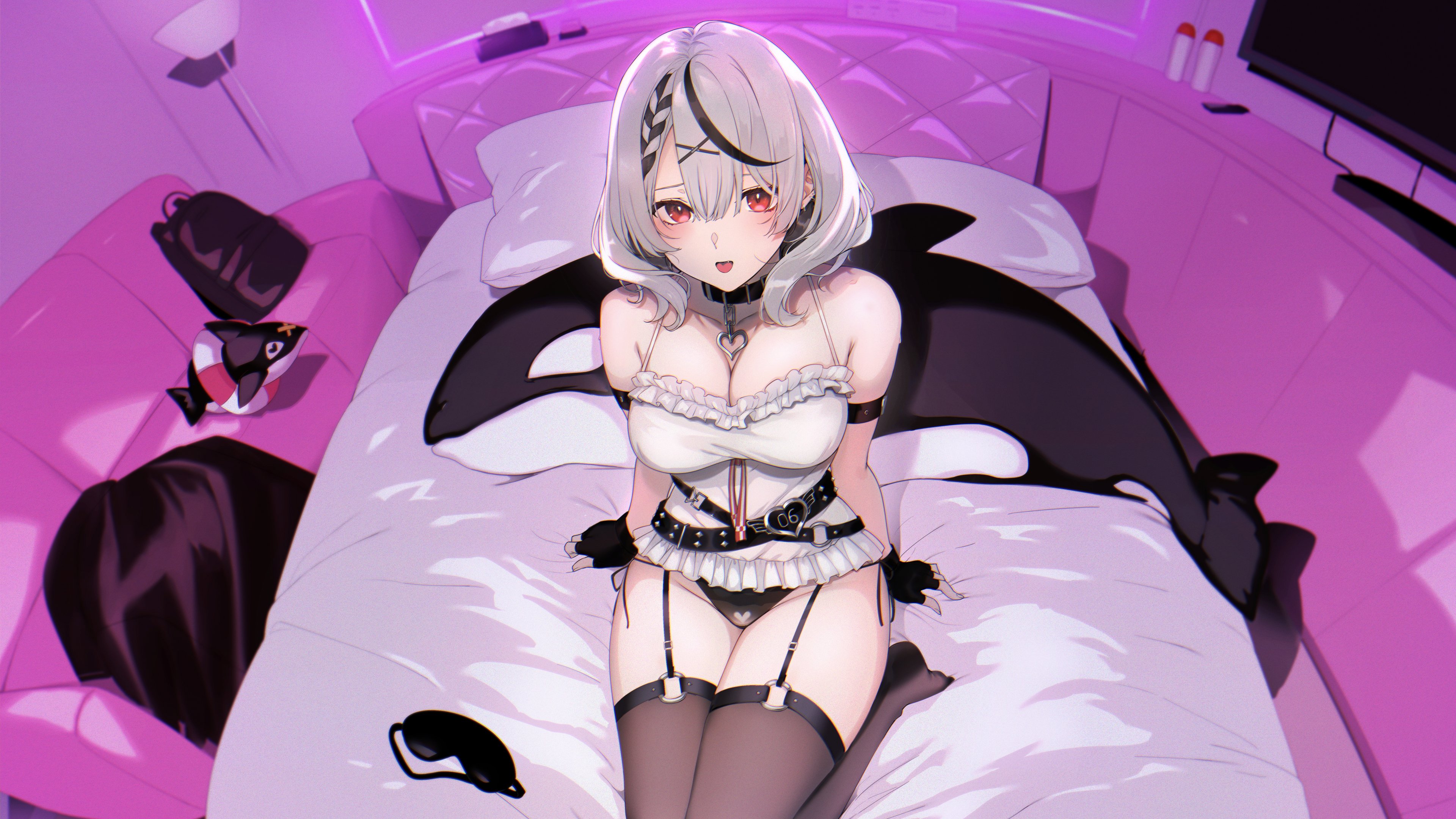 Anime 3840x2160 bed anime girls purple background black stockings sitting stockings garter straps looking at viewer collar cleavage big boobs two tone hair orca animals pillow blushing open mouth gloves fingerless gloves bare shoulders interior Sakamata Chloe Hololive Virtual Youtuber floater