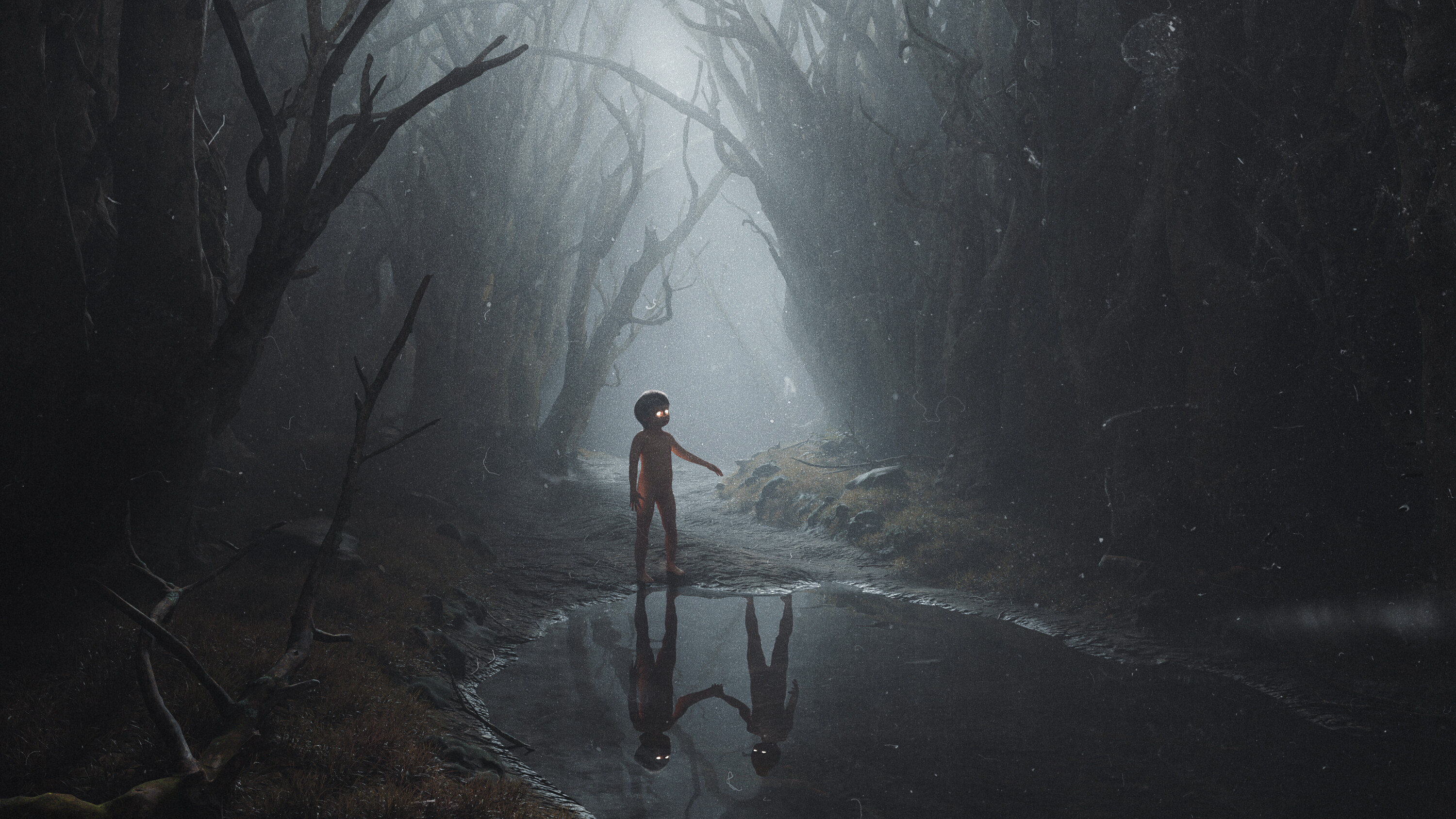 General 3000x1688 forest reflection puddle mist water standing trees children digital art creepy low light