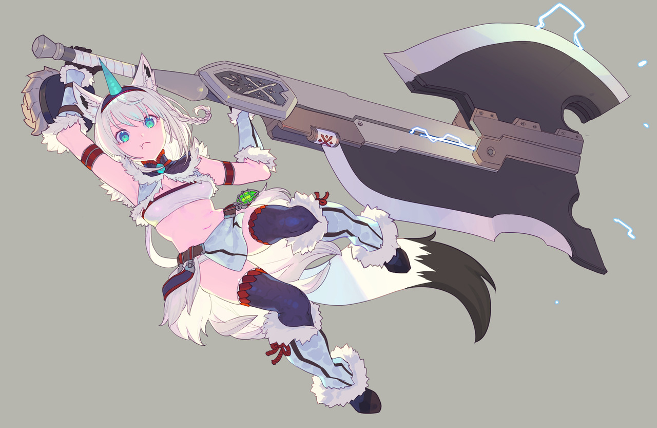 Anime 1280x833 anime girls Monster Hunter simple background minimalism weapon two tone hair wolf girls wolf ears wolf tail looking at viewer armpits