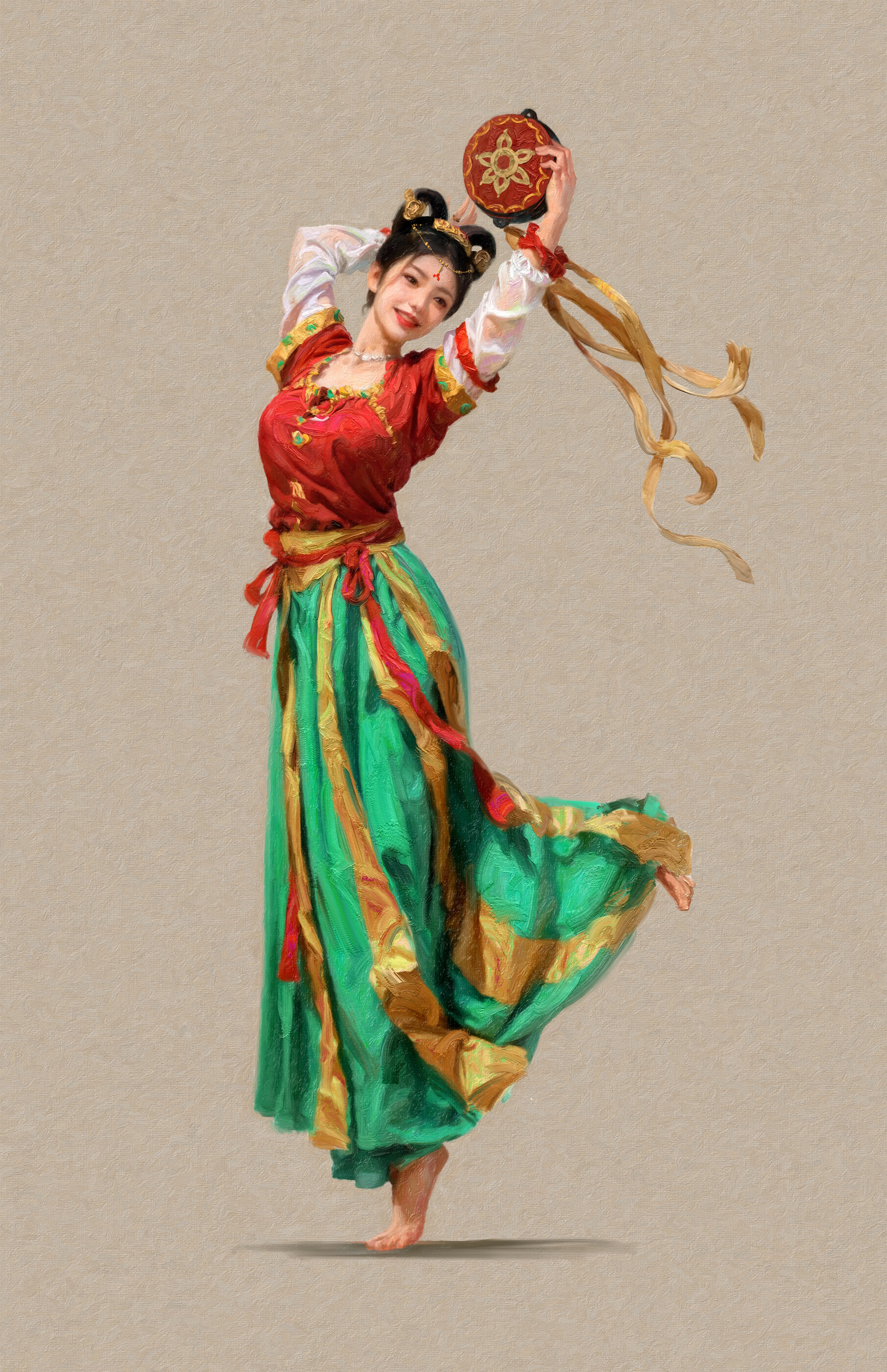 General 1810x2800 women traditional art dancing smiling traditional clothing Asian beige background standing simple background dress minimalism hairbun standing on one leg painting