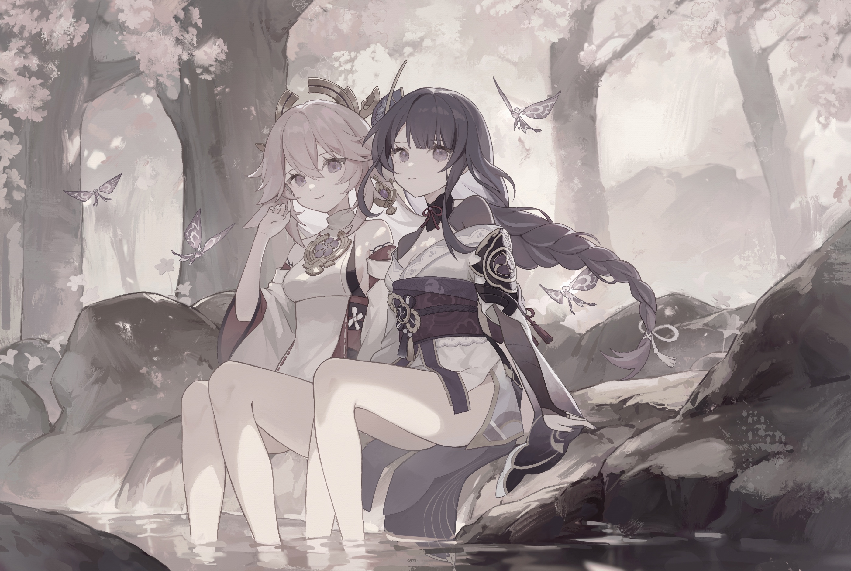 Anime 2800x1880 anime anime girls Yae Miko (Genshin Impact) Raiden Shogun (Genshin Impact) Genshin Impact sitting monochrome trees butterfly insect water braids long hair smiling looking at viewer moles mole under eye