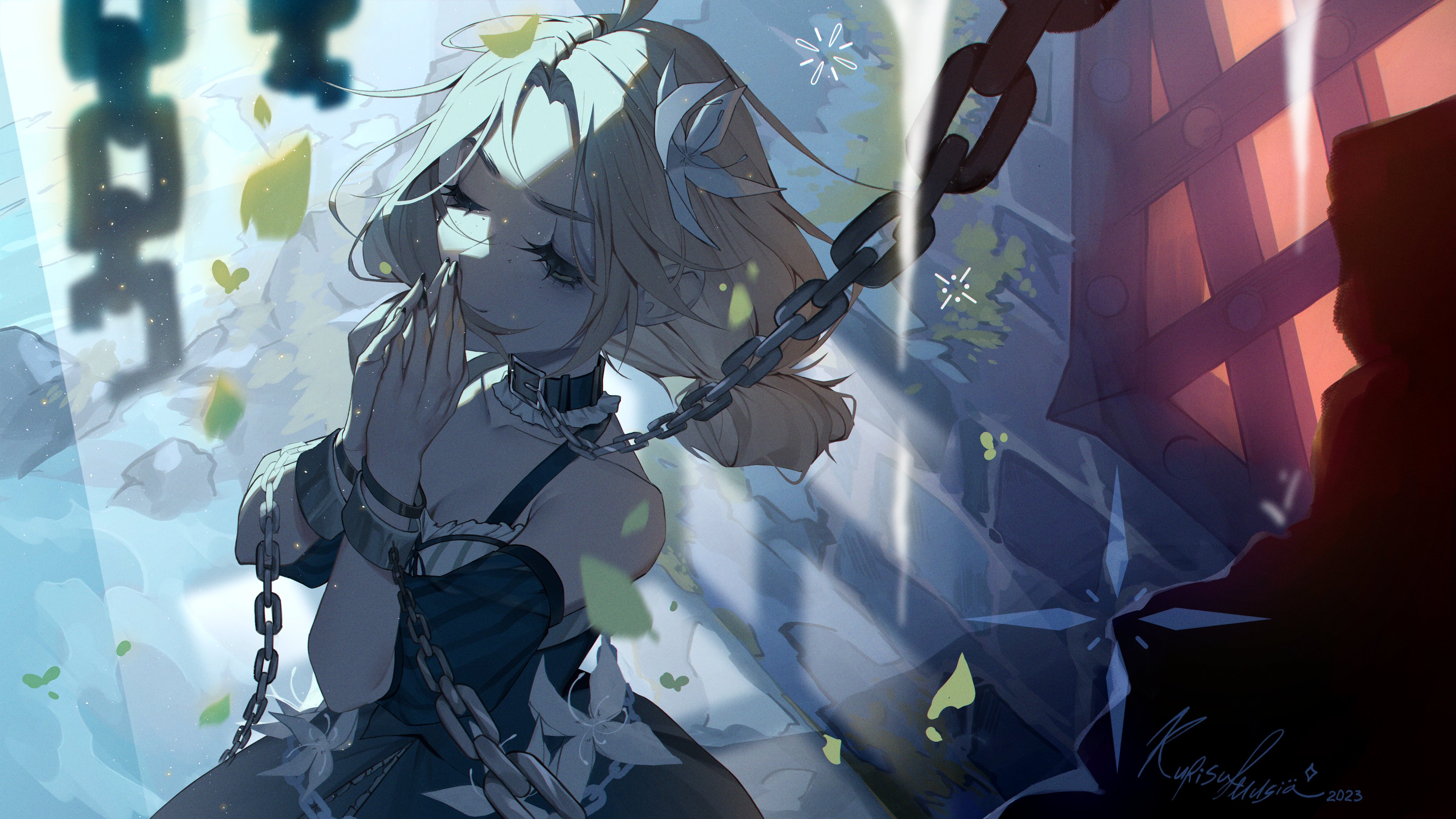 Anime 4096x2304 anime girls chains collar cuffs flowers signature leaves water blonde smiling dress flower in hair