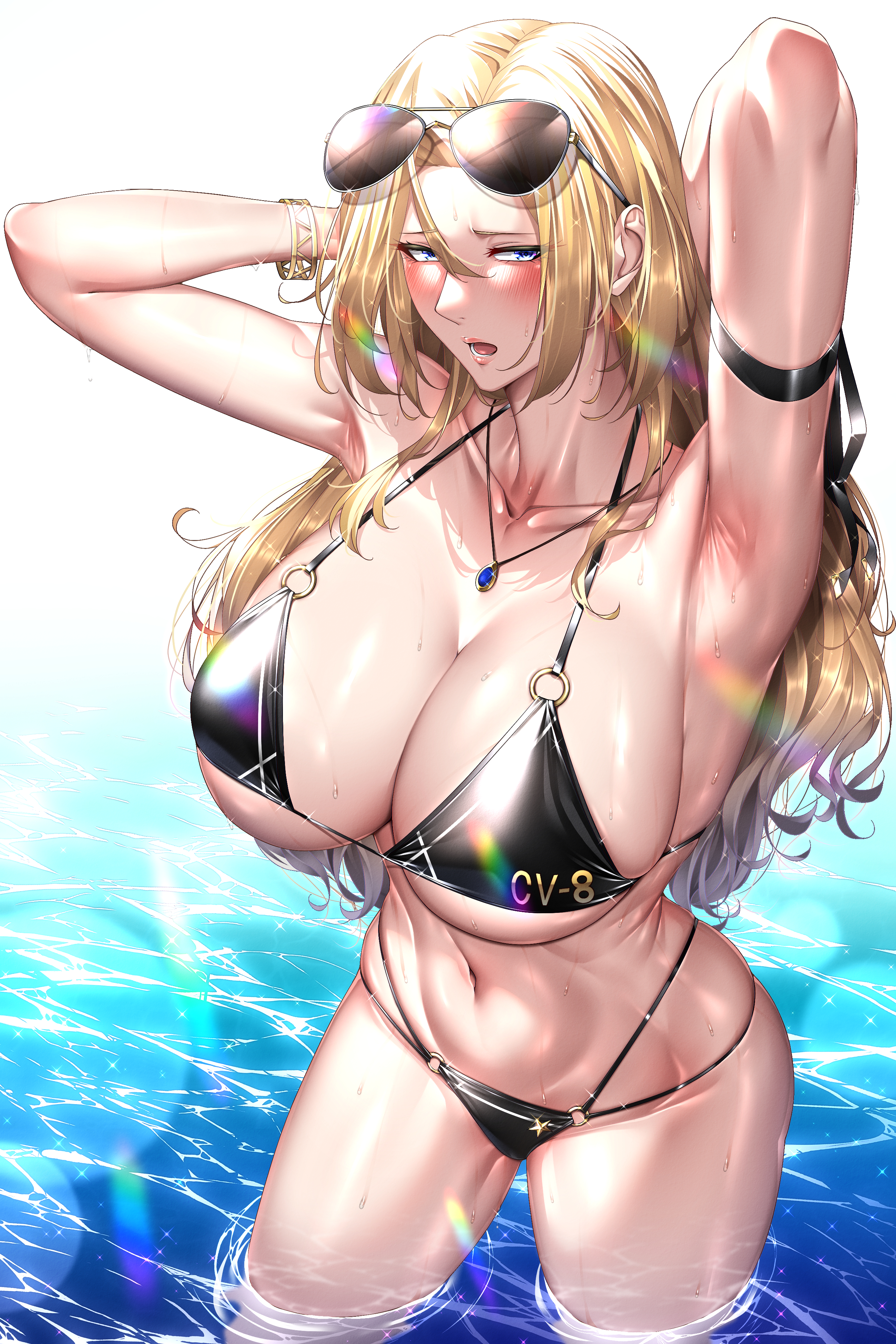 Anime 2600x3900 Kantai Collection bikini anime girls portrait display Hornet (KanColle) armpits standing in water water black bikinis swimwear huge breasts long hair belly alternate costume belly button cleavage sunglasses necklace black swimsuit blonde blushing blue eyes Obei Teitoku lens flare open mouth arms up looking at viewer wet bracelets black ribbons