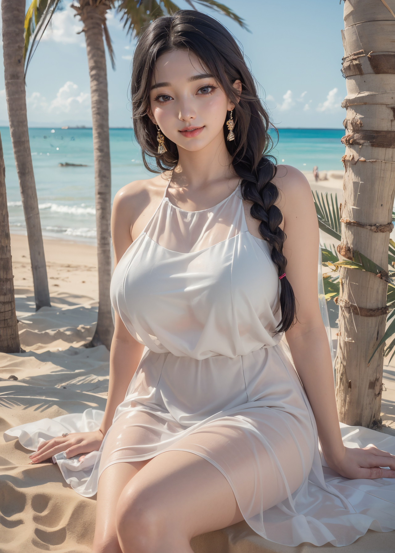 General 1280x1792 AI art women thick thigh big boobs looking at viewer collarbone illustration gown artwork digital art AIbot palm trees beach dress white dress smiling water clouds braids portrait display earring sitting sand waves thighs Asian