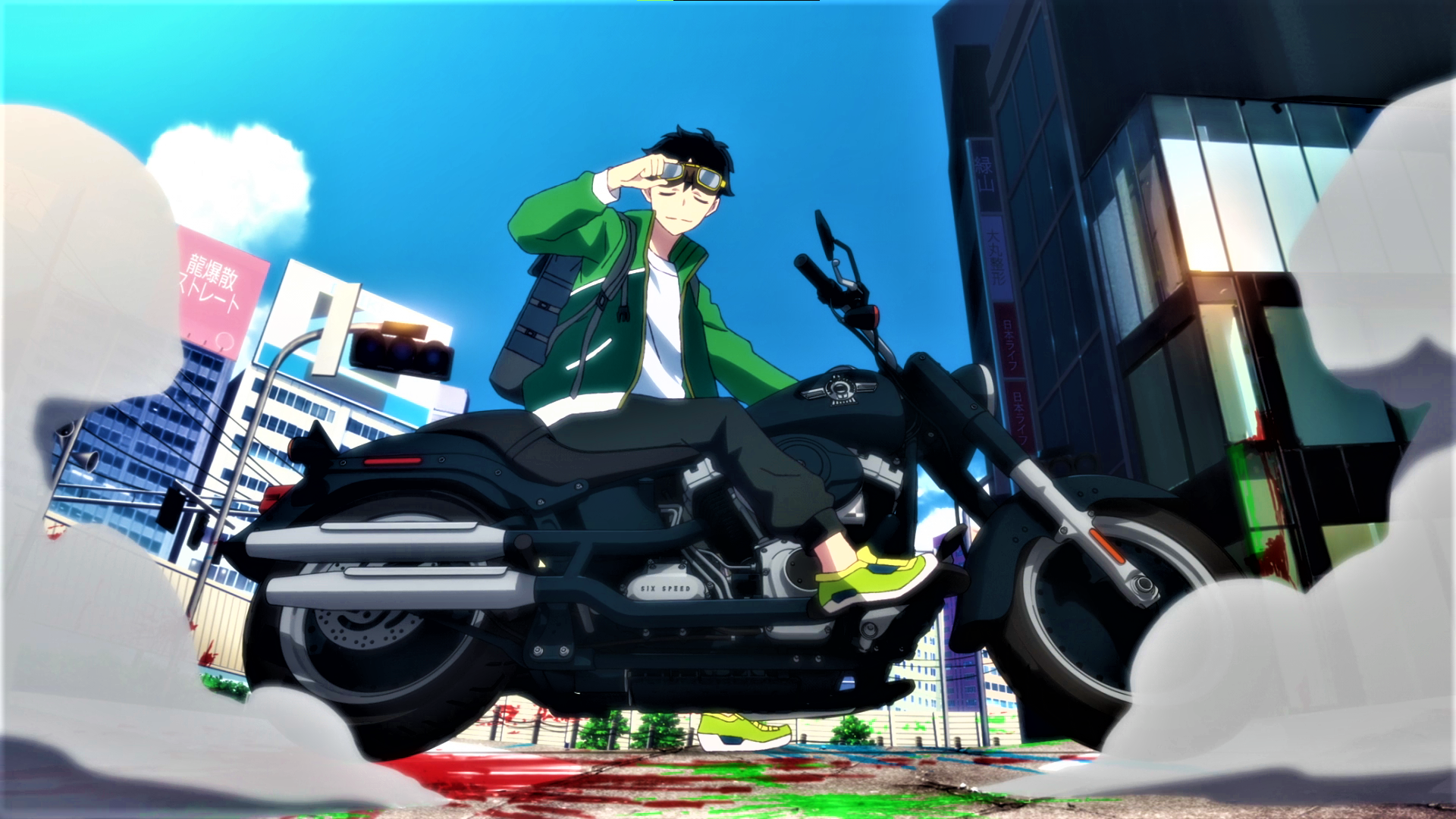 Anime 1920x1080 Zom 100: Bucket List of the Dead Akira Tendou motorcycle smoke sky clouds building smiling anime Anime screenshot anime boys closed eyes vehicle sunlight jacket