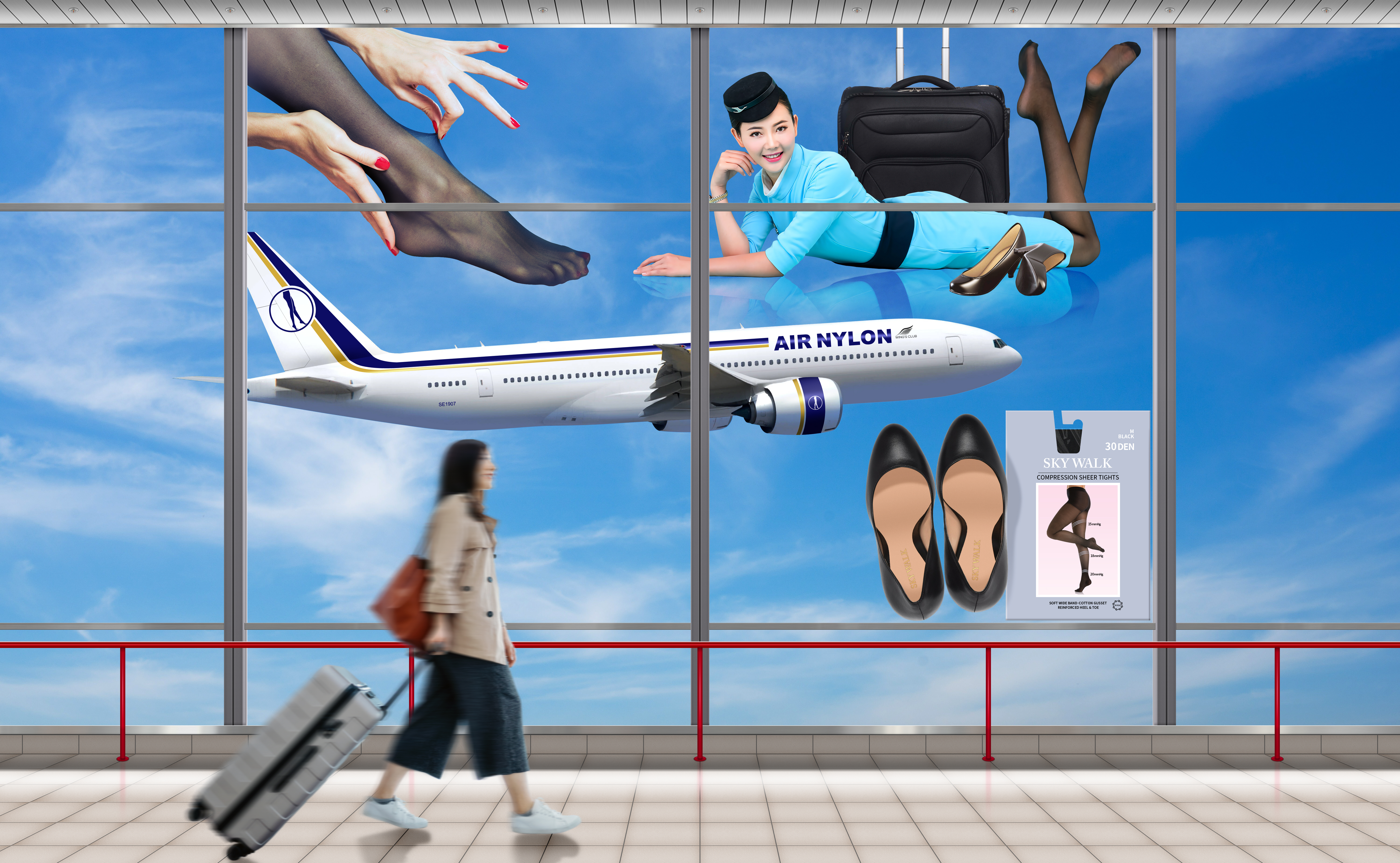 People 6000x3700 airplane airport digital art flight attendant stewardess pumps pantyhose collage