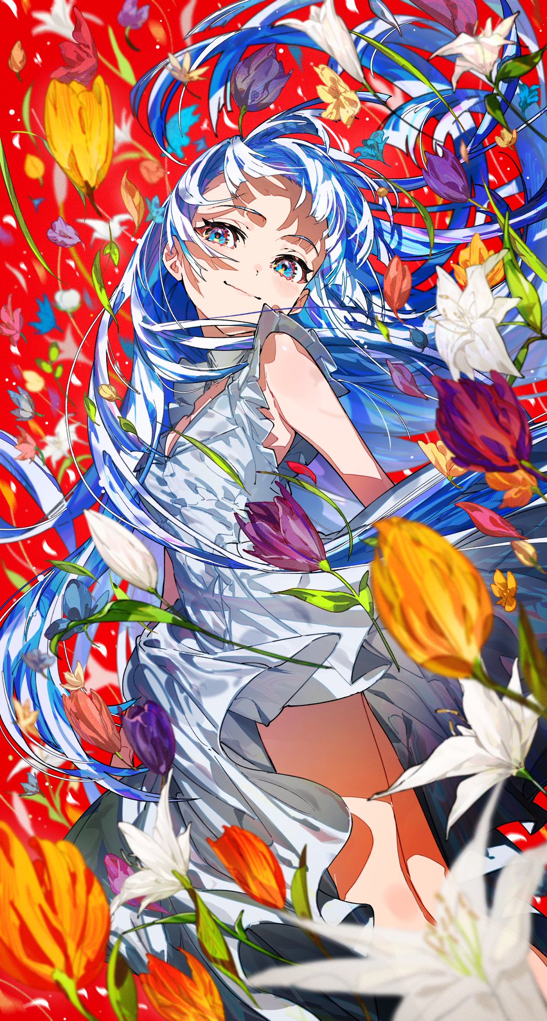Anime 1097x2048 anime anime girls portrait display long hair two tone hair smiling looking at viewer flowers standing dress