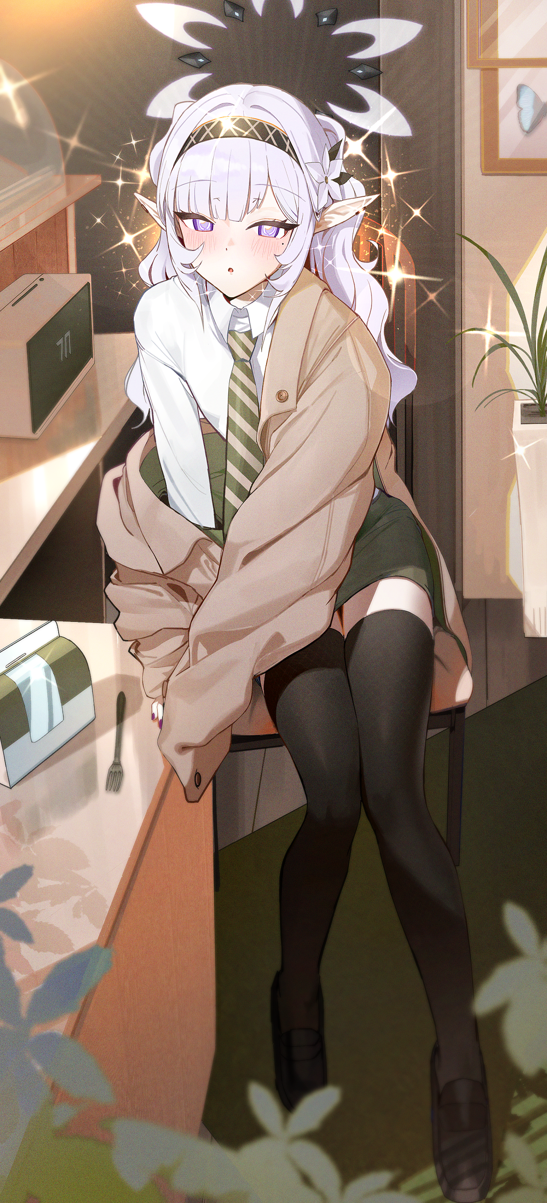 Anime 1100x2420 anime anime girls purple eyes white hair hairband pointy ears school uniform striped tie blushing twintails sitting on chair looking at viewer black stockings