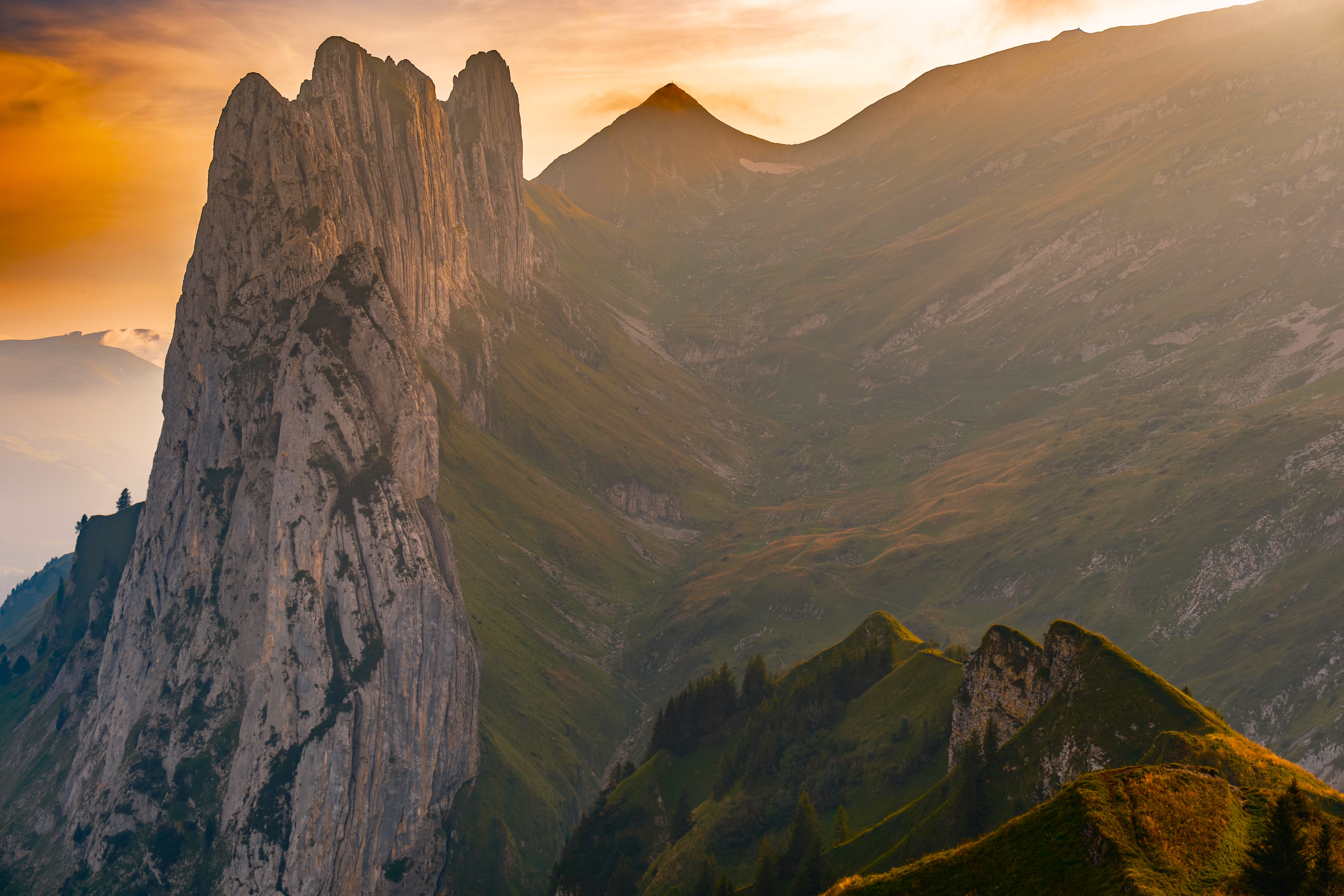 General 7728x5152 nature landscape trees grass rocks clouds mountains mountain view sunrise Saxon Switzerland