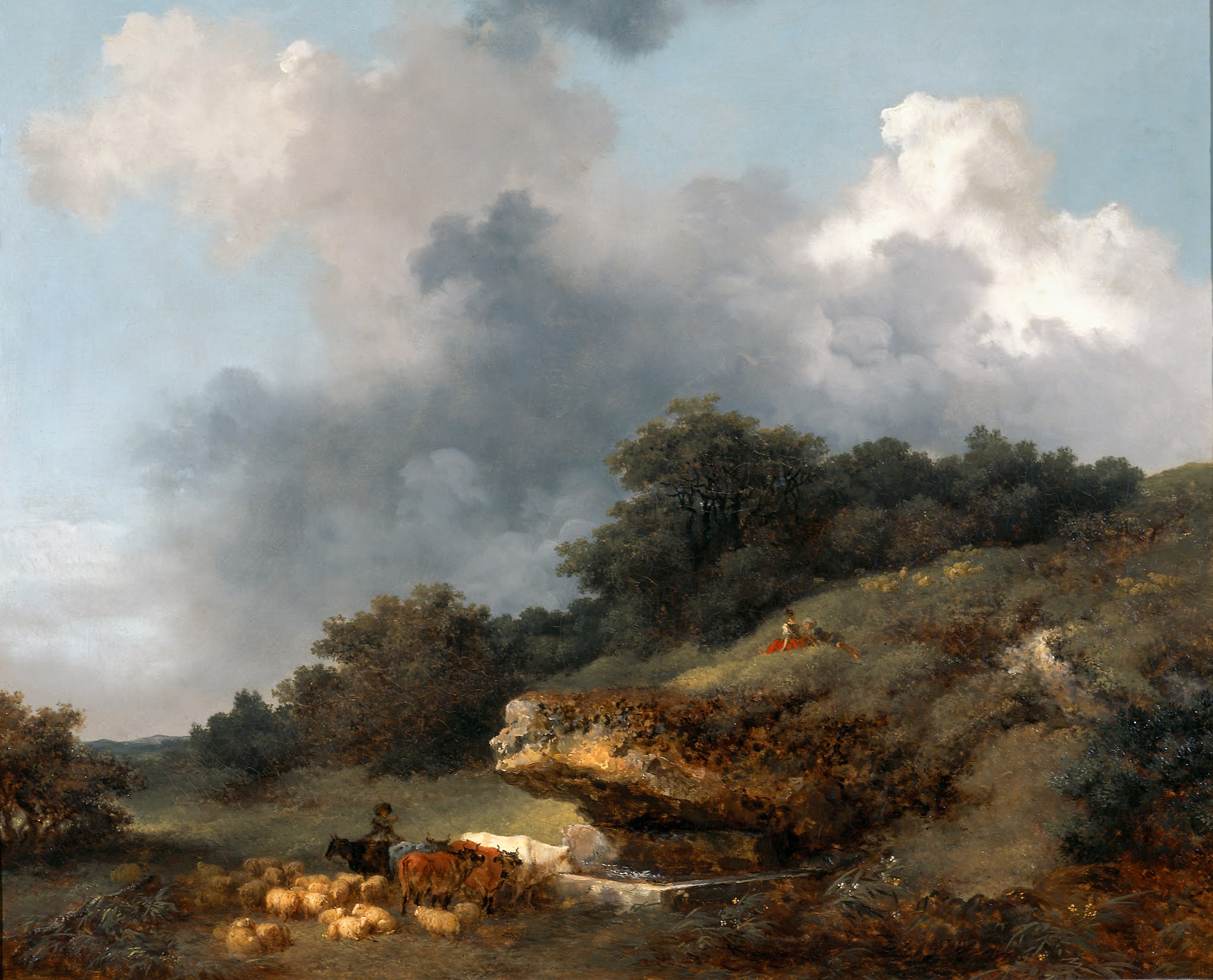 General 2048x1655 classic art painting Jean-Honoré Fragonard landscape cow sheep animals lake bushes sky clouds