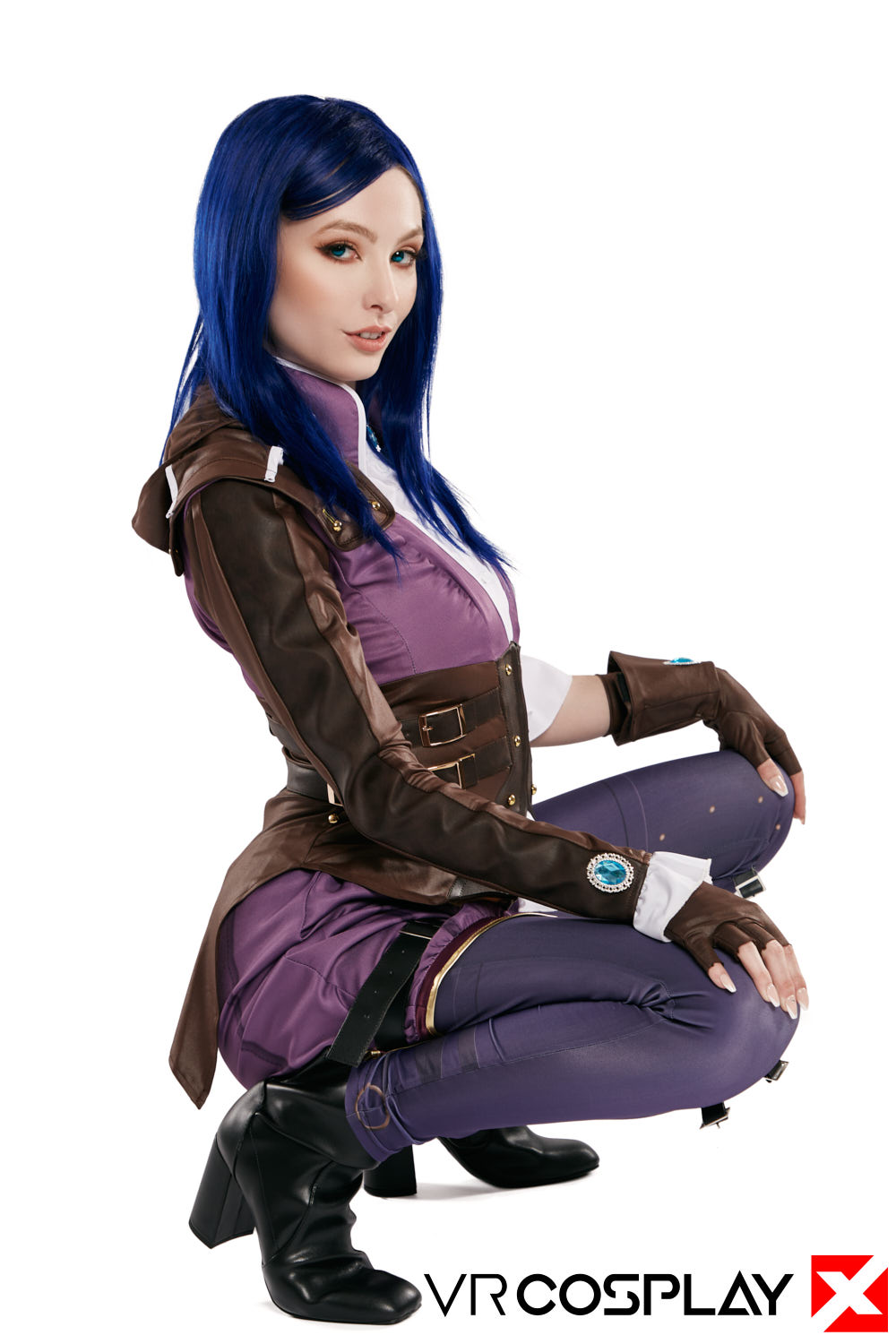 People 1000x1500 VRCosplayX model blue hair cosplay Ailee Anne hair   Caitlyn (League of Legends) League of Legends straps simple background smiling gloves fingerless gloves white background logo video game girls blue eyes American women