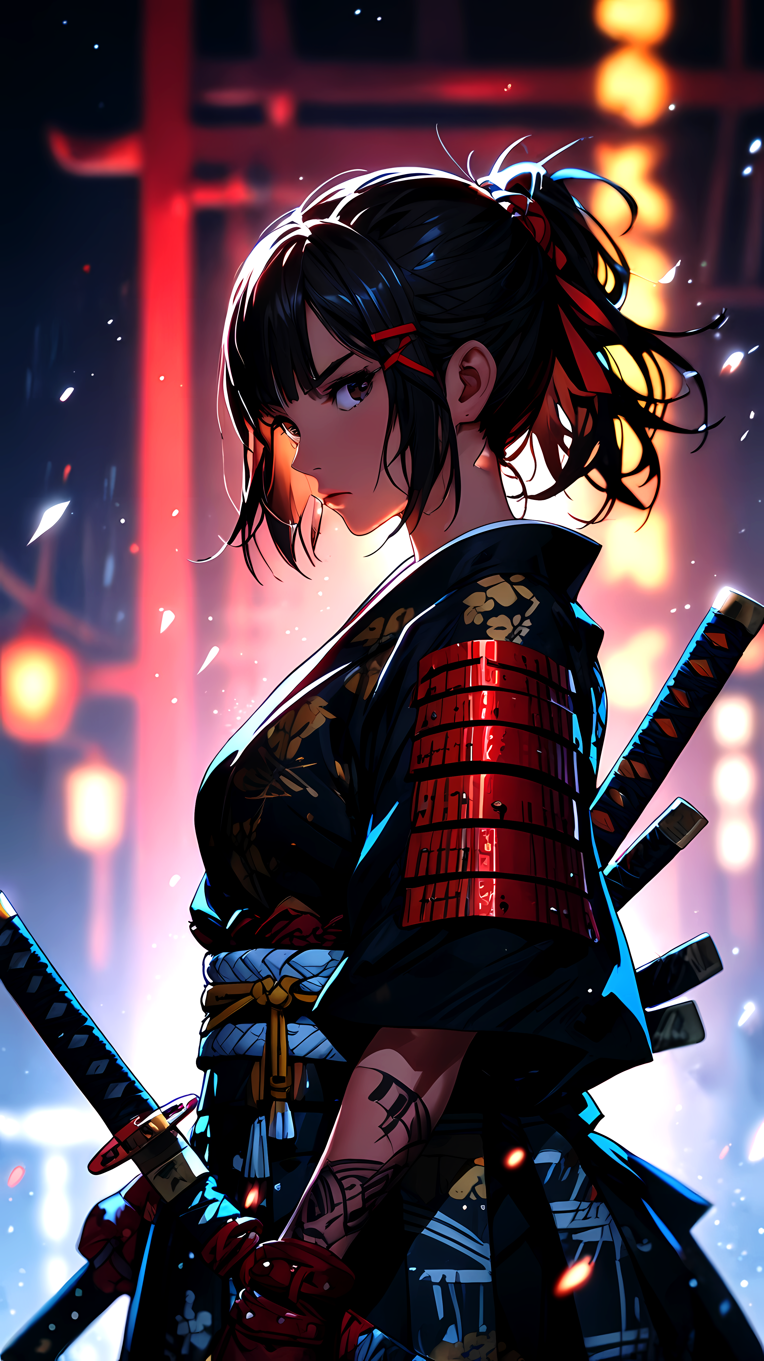 Anime 3072x5472 anime girls katana warrior night lantern red black tattoo ponytail dark hair kimono Japan traditional clothing sword AI art