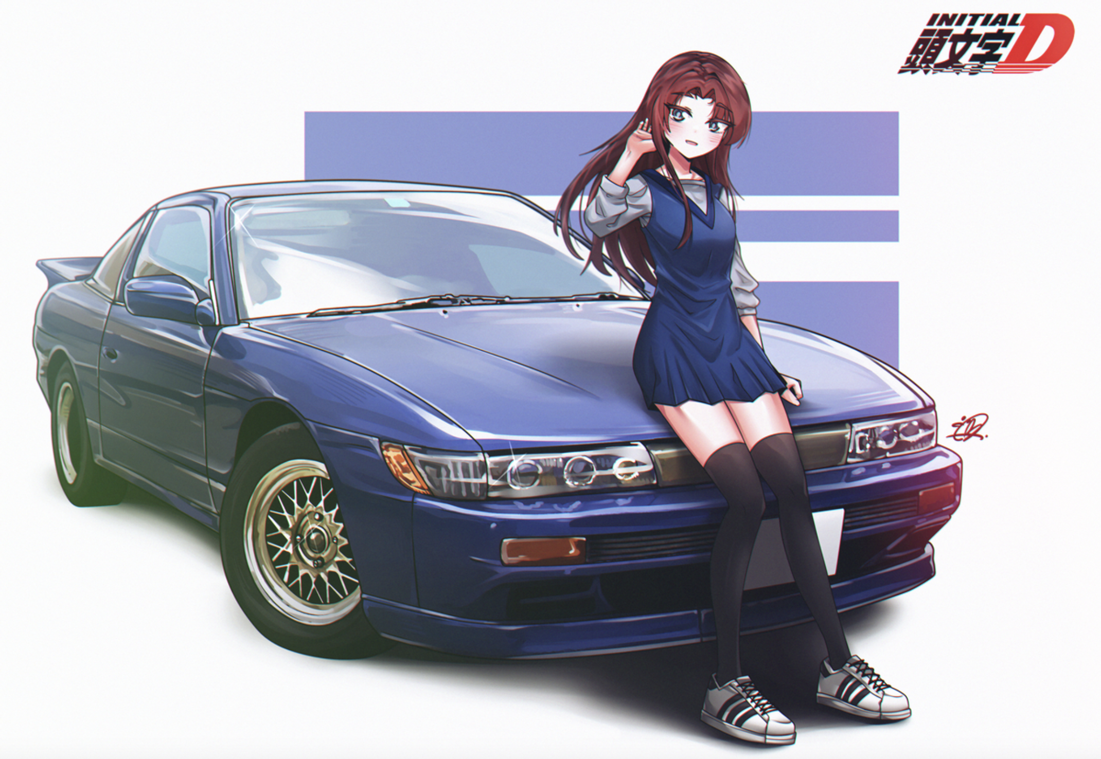 Anime 2140x1476 Initial D illustration traditional art fan art anime girls anime Mako Sato vehicle automobile Japanese cars Nissan blue cars black stockings brunette Pixiv car