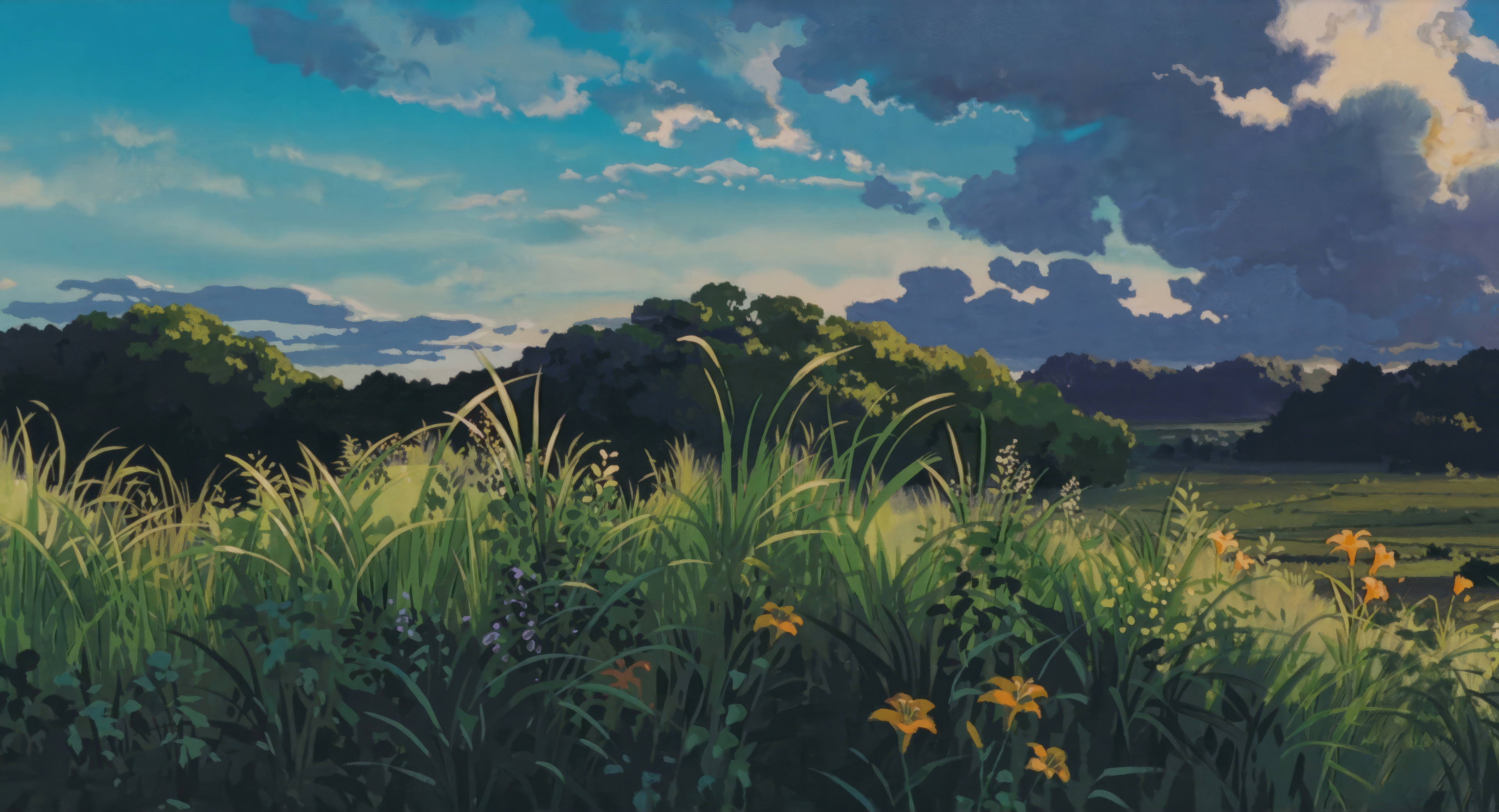 Anime 3840x2080 Studio Ghibli nature grass sky drawing film stills flowers