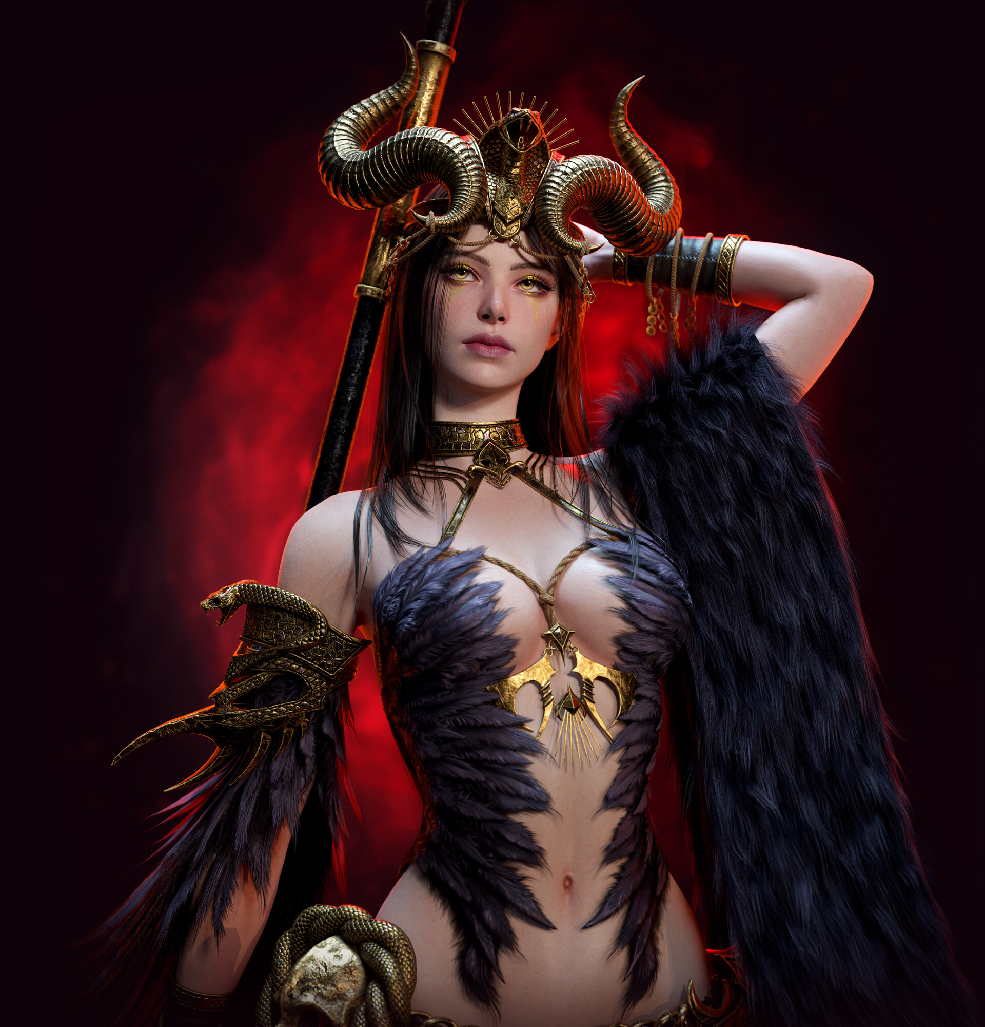 General 1920x2000 Su Yeon Jeong CGI sorceress horns fantasy art feathers