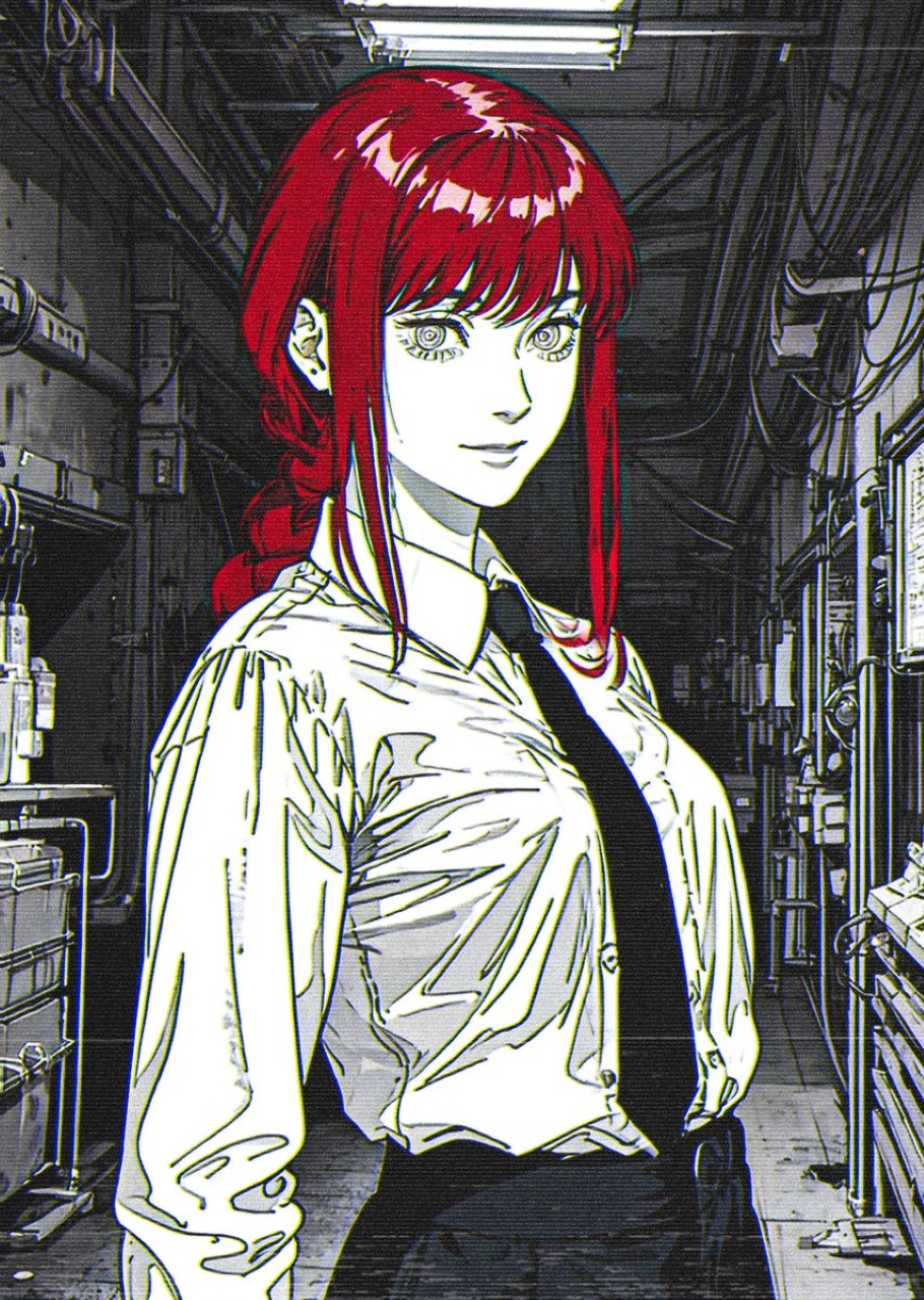 Anime 910x1280 xenotrip cyberpunk Makima (Chainsaw Man) Chainsaw Man redhead selective coloring necktie looking at viewer standing anime girls portrait display closed mouth smiling ringed eyes long hair collared shirt ponytail AI art wires