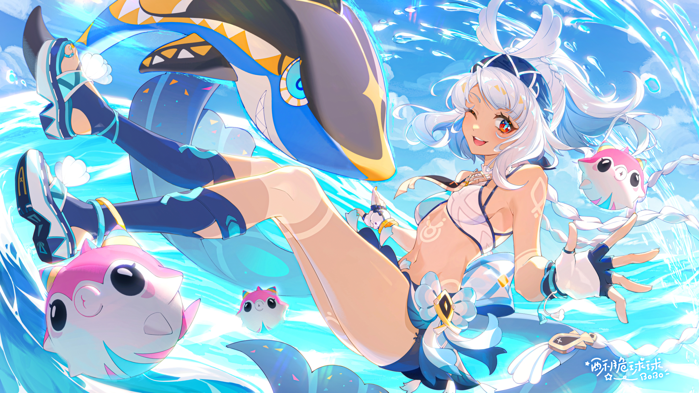 Anime 2276x1280 anime anime girls red eyes white hair knee-highs bikini top Mualani (Genshin Impact) Genshin Impact smiling one eye closed long hair gloves fingerless gloves open mouth bent legs shoe sole water braids looking at viewer symbol-shaped pupils headband