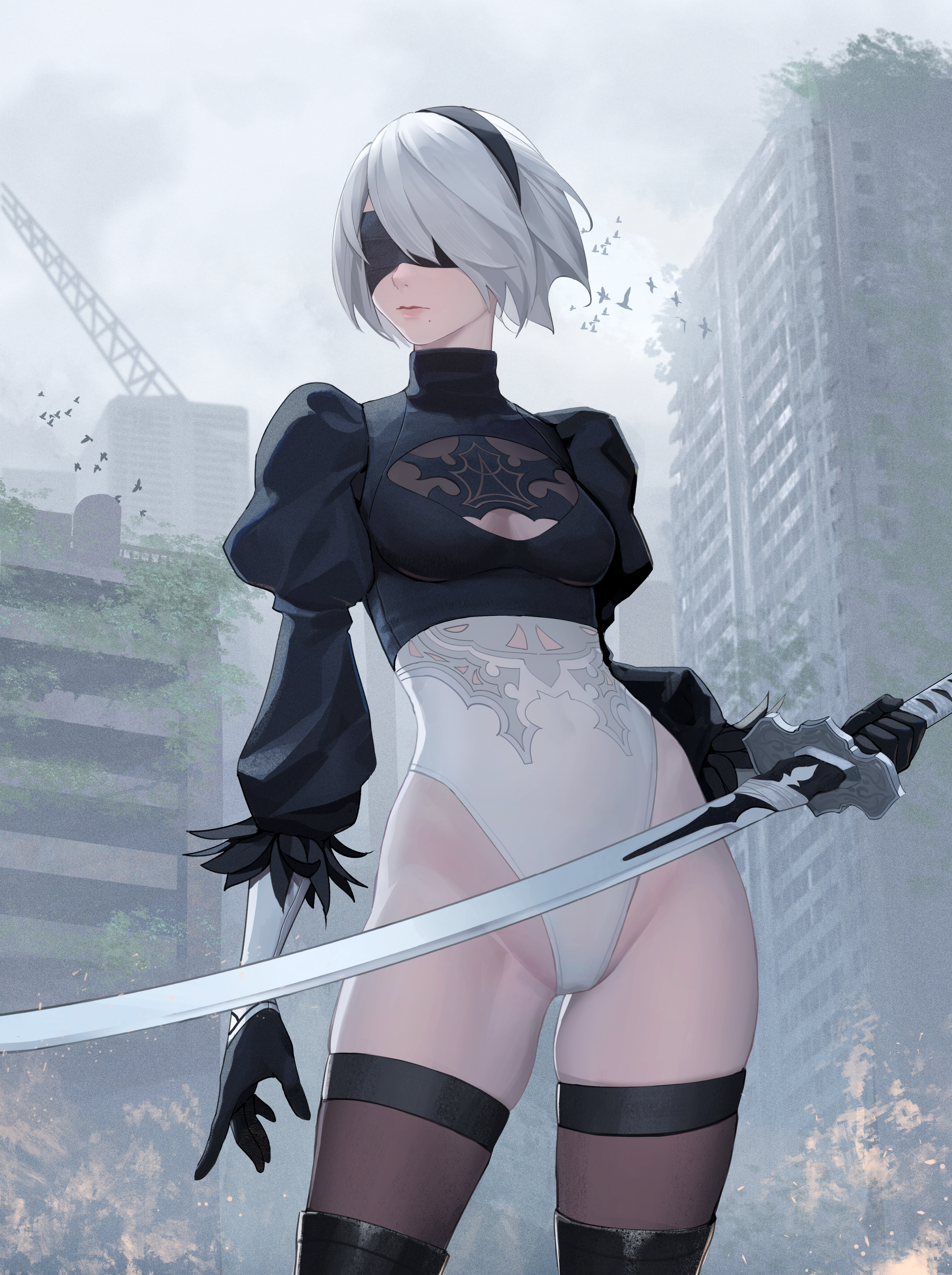 Anime 3312x4434 leotard Nier: Automata video game girls anime girls blindfold thighs white hair sword