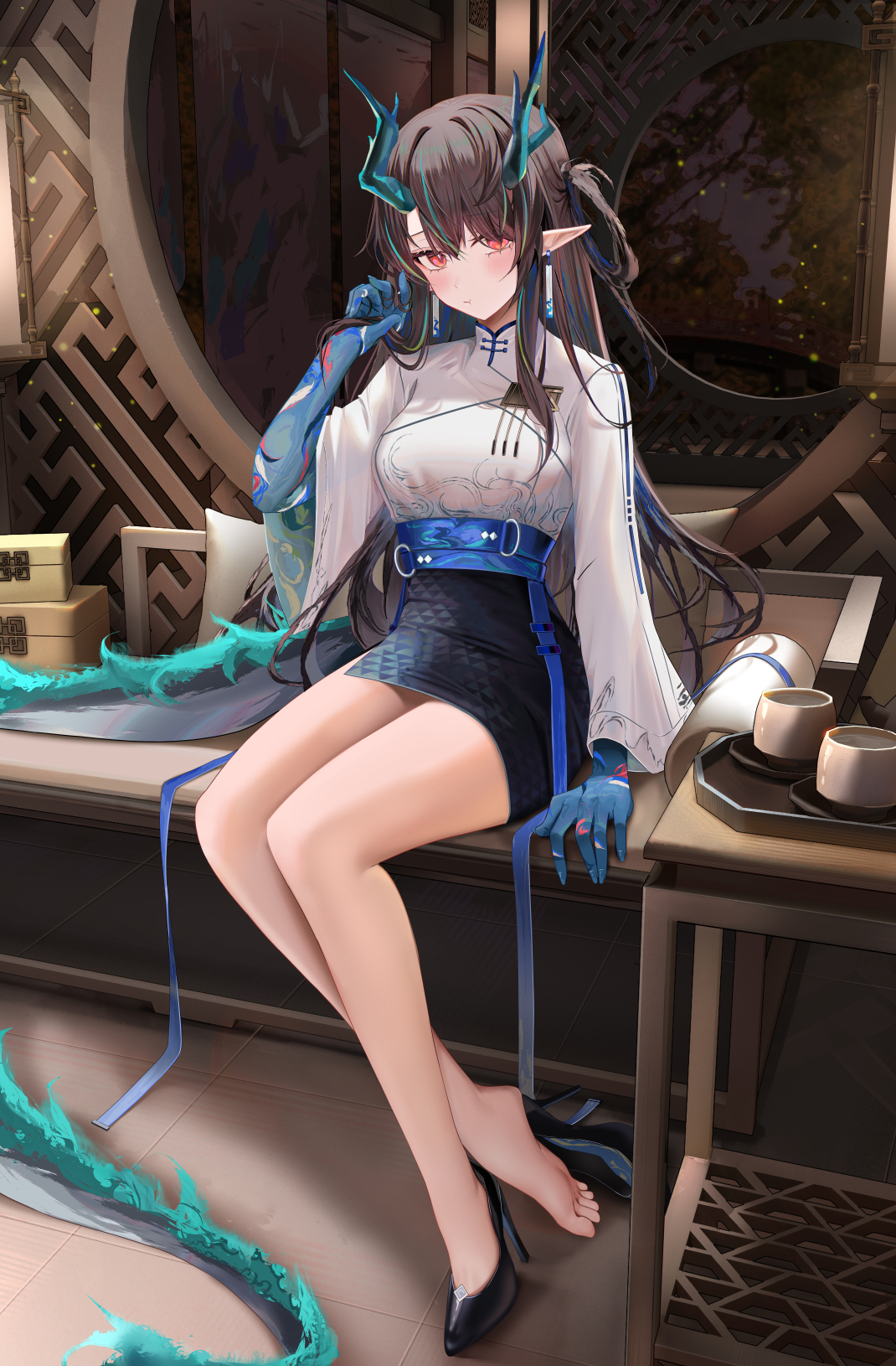 Anime 1070x1630 Arknights Ru Zhai Dusk (Arknights) tail dragon girl anime girls blue dress Chinese clothing Chinese dress pouting barefoot miniskirt red eyes pointy ears horns