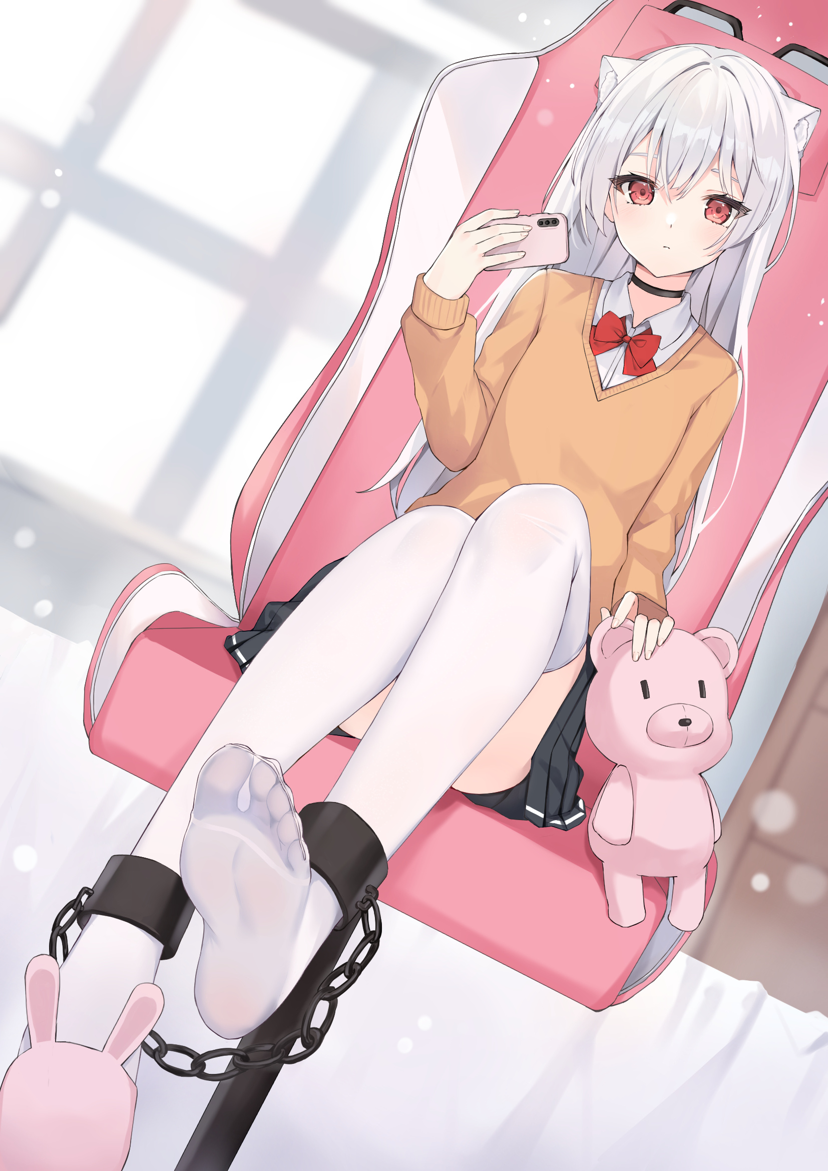 Anime 1654x2339 anime feet skirt white stockings anime girls white hair cuffs ankle cuffs stockings cat girl cat ears teddy bears
