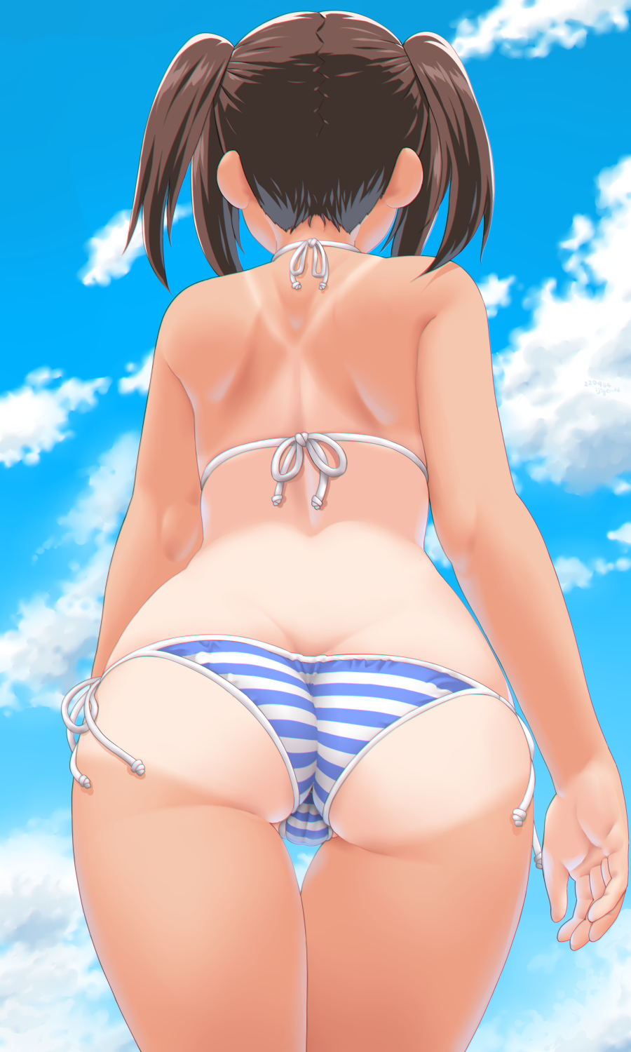 Anime 900x1500 Ijigendd anime girls bikini ass tan lines twintails rear view low-angle