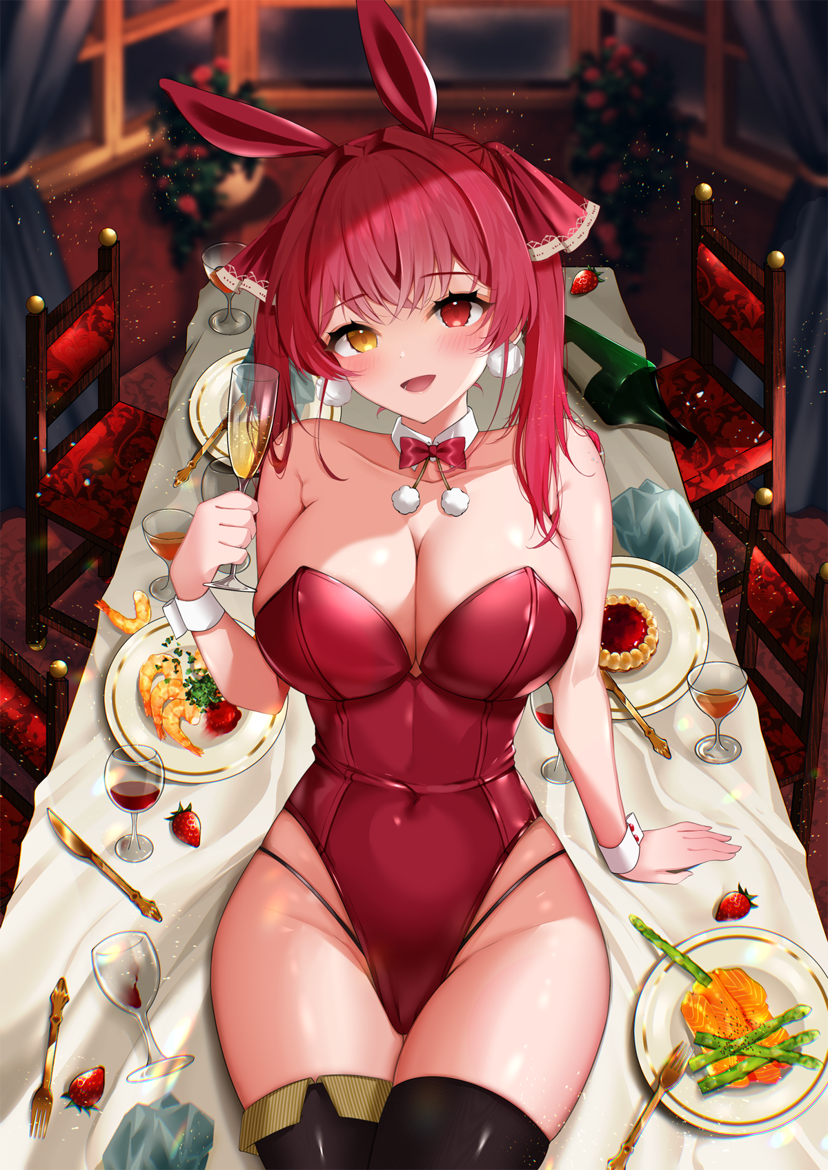 Anime 1200x1694 Hololive Houshou Marine portrait display leotard Virtual Youtuber redhead looking at viewer plates big boobs bare shoulders strapless leotard dessert drinking glass blushing heterochromia alcohol arm support cleavage animal ears bunny ears thigh-highs open mouth wrist cuffs Okibari Yasu red leotard strawberries women indoors twintails chair food thighs fork knife sitting table shrimp cup Pixiv