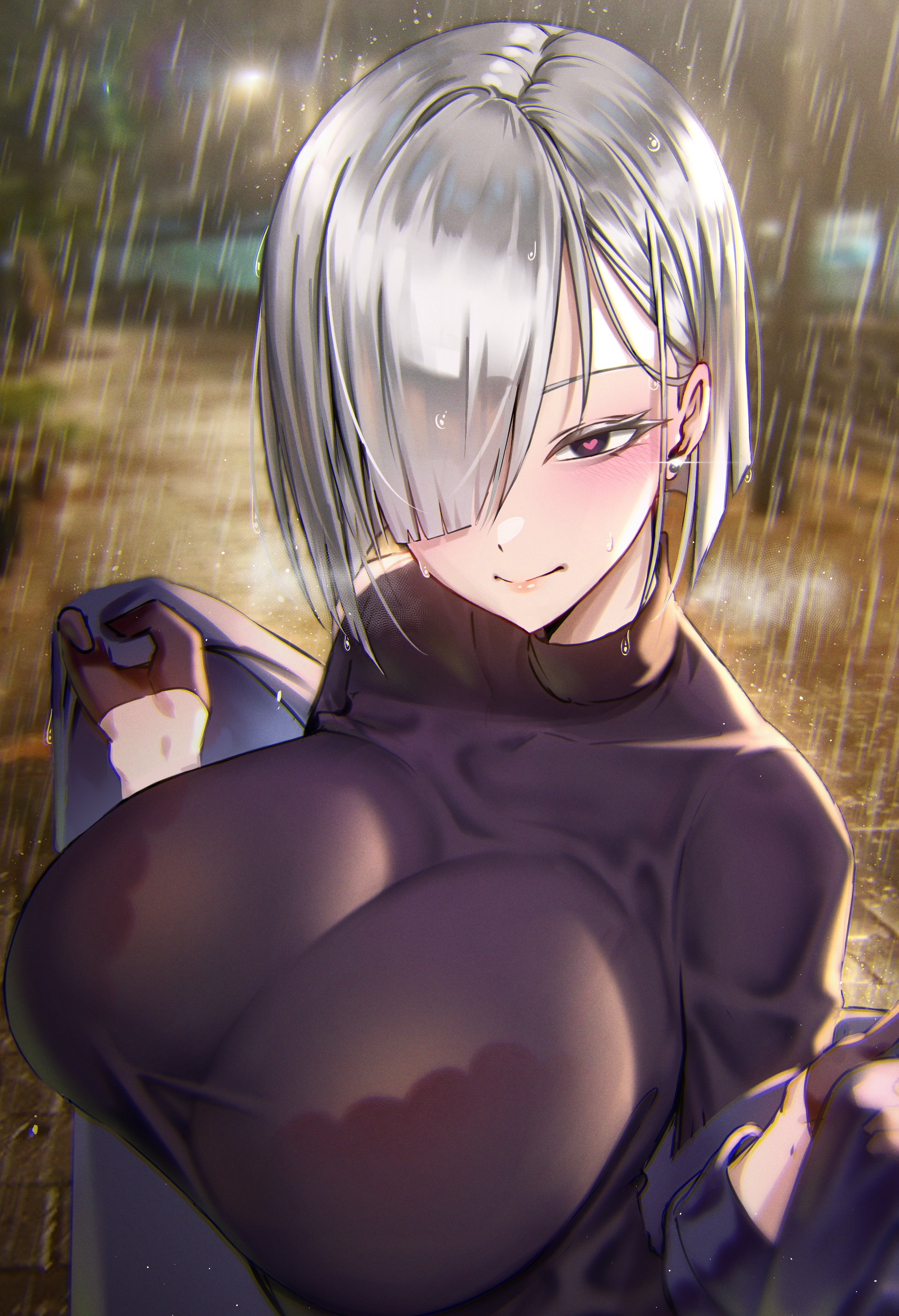 Anime 2379x3483 Spy x Family heart eyes portrait display smiling silver hair wet clothing wet see-through shirt women outdoors rain Fiona Frost (Spy x Family) wet hair underwater gray hair huge breasts cleavage closed mouth anime girls white hair hair over one eye shirt Togashi black clothing depth of field blushing blurry background night AI art