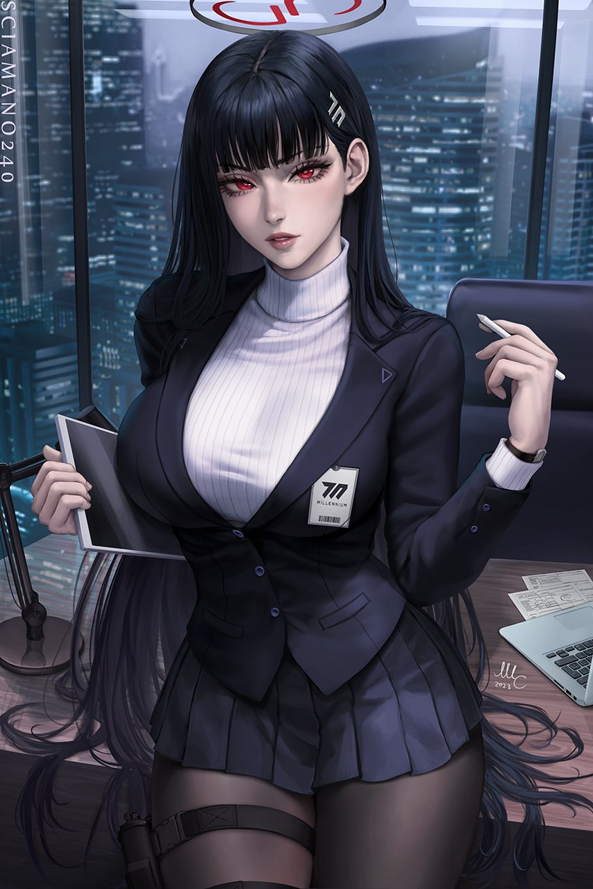Anime 854x1280 Blue Archive black hair portrait display long hair Tsukatsuki Rio parted lips Mirco Cabbia pantyhose looking at viewer desk long sleeves black vest big boobs white sweater turtlenecks blunt bangs black miniskirt red eyes hair ornament hair clip women indoors office black pantyhose pens cityscape thigh strap pouch office chair