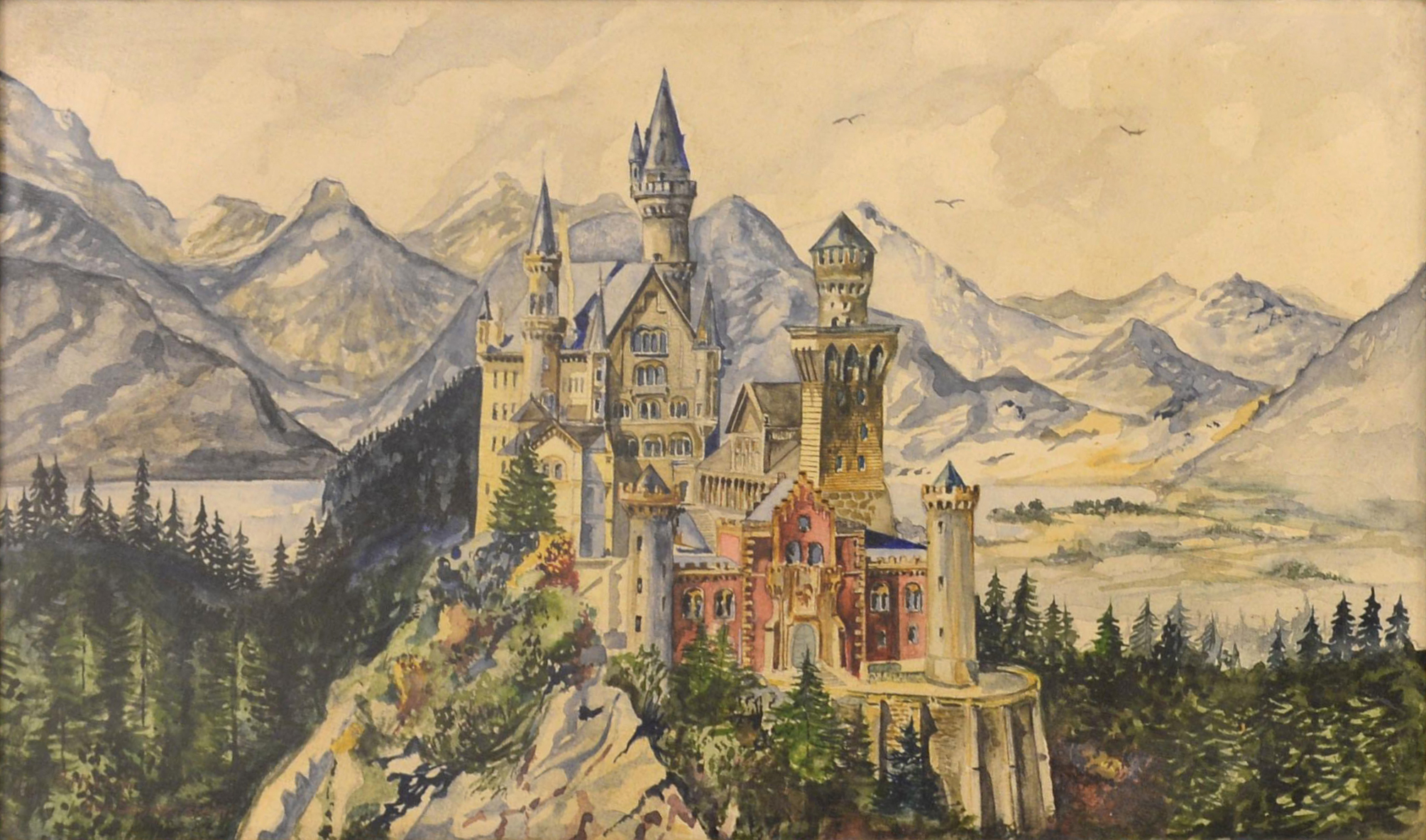 General 2009x1183 artwork painting fantasy castle castle forest mountains lake Neuschwanstein Castle nature trees sky