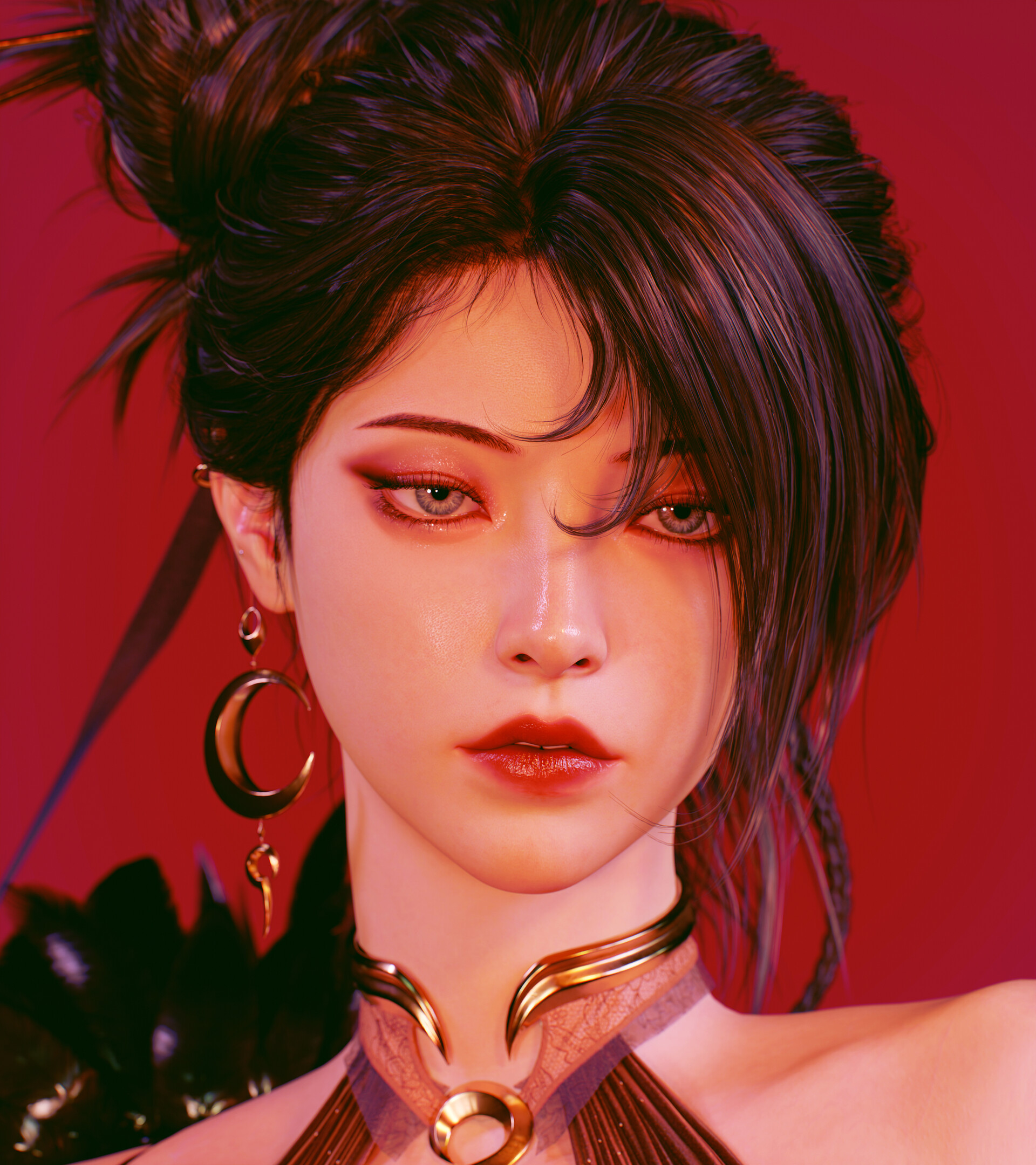 General 1920x2160 Hojin Jeong CGI women dark hair gold simple background