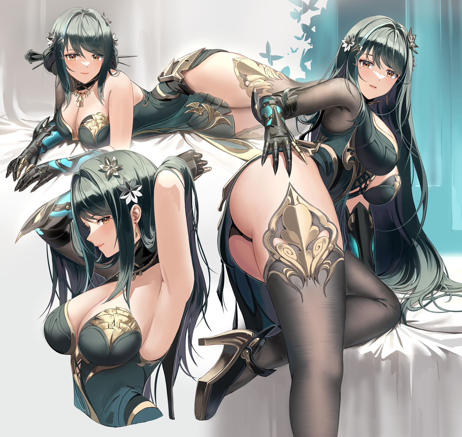 Anime 1500x1420 Punishing: Gray Raven Hanying (Punishing: Gray Raven) looking at viewer dress green dress huge breasts asian clothing cleavage long hair hair ornament orange eyes parted lips Silence Girl high heels thigh-highs flower in hair hanying jewelry