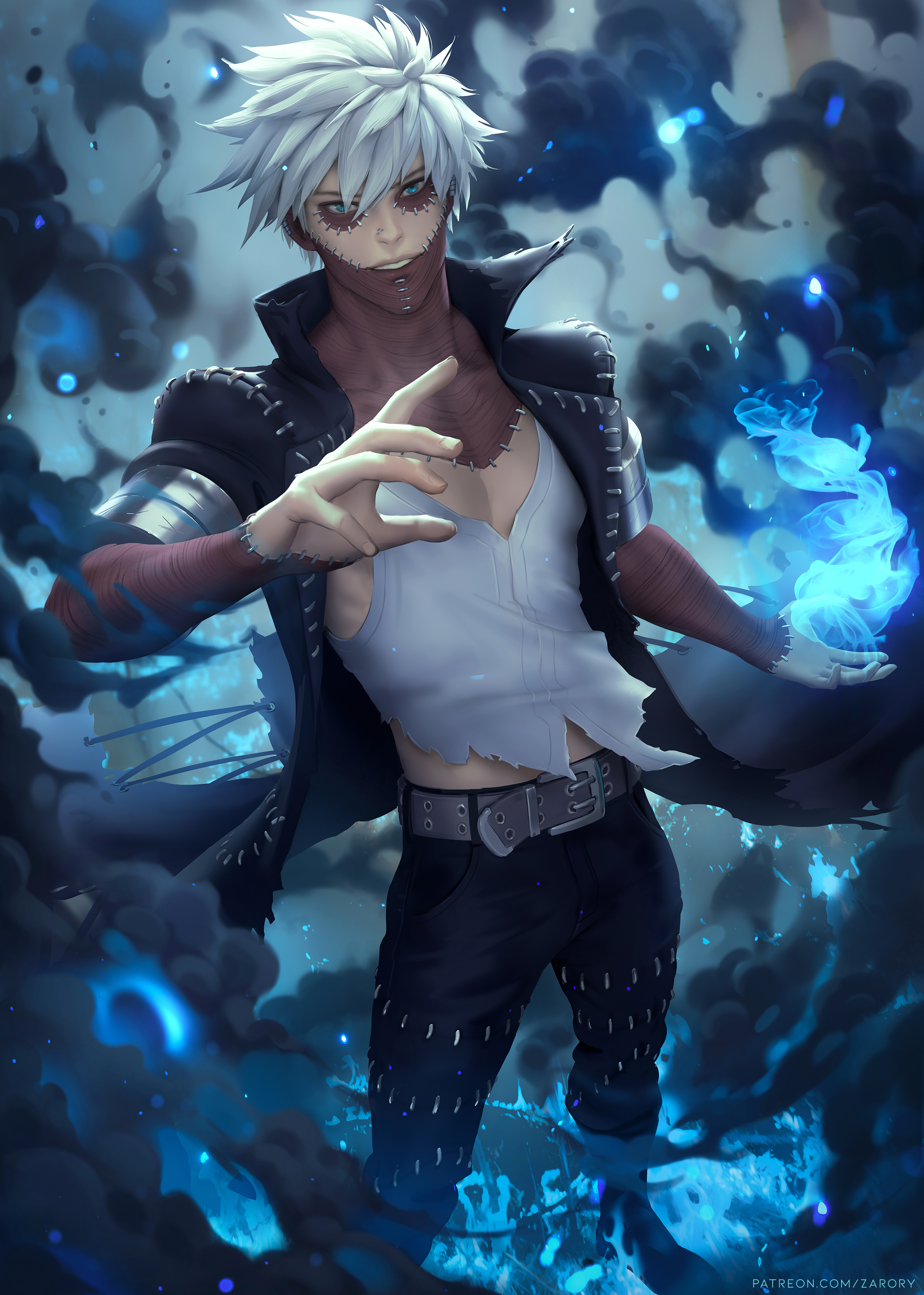 Anime 2856x4000 Dabi Boku no Hero Academia anime anime boys artwork drawing fan art Zarory blue flames fire burning white hair portrait display standing looking at viewer short hair watermarked blue eyes scars stitches belt