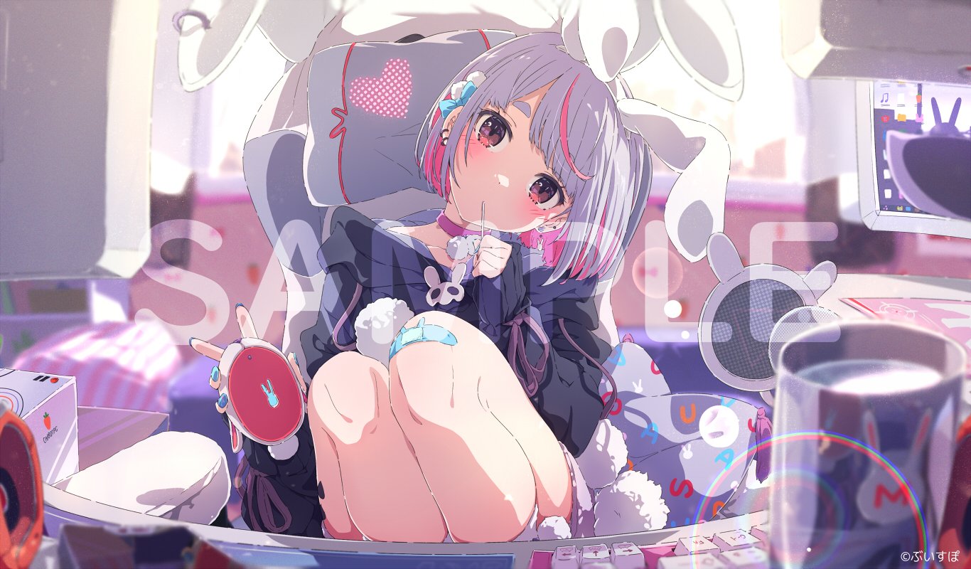 Anime 1366x800 anime anime girls Ogipote head tilt looking at viewer band-aid two tone hair short hair women indoors bunny ears watermarked bent legs