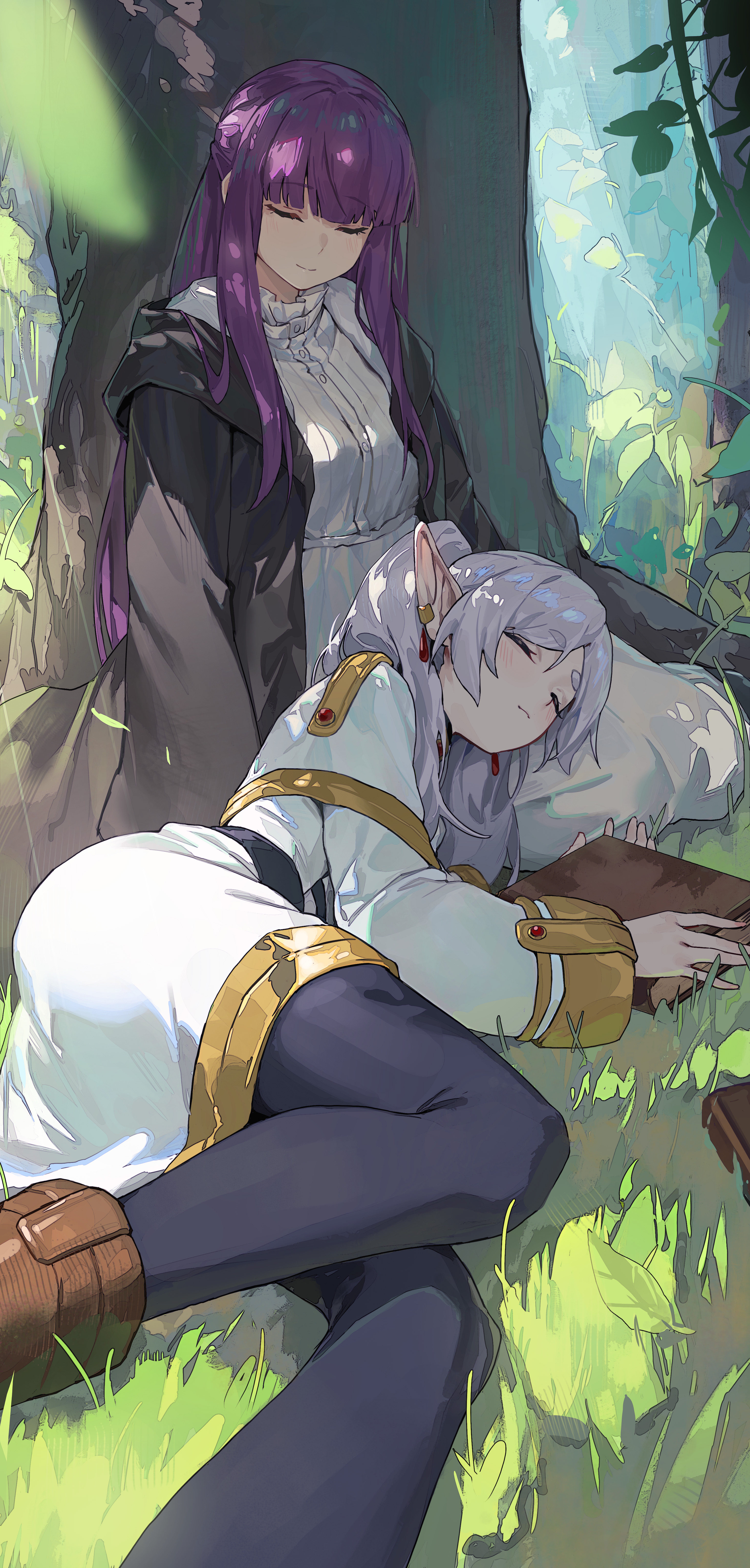 Anime 3070x6420 anime anime girls Sousou No Frieren Frieren Fern (Sousou No Frieren) closed eyes sleeping R1zen two women portrait display grass lying down lying on side purple hair white hair sunlight dappled sunlight trees on the ground closed mouth pointy ears