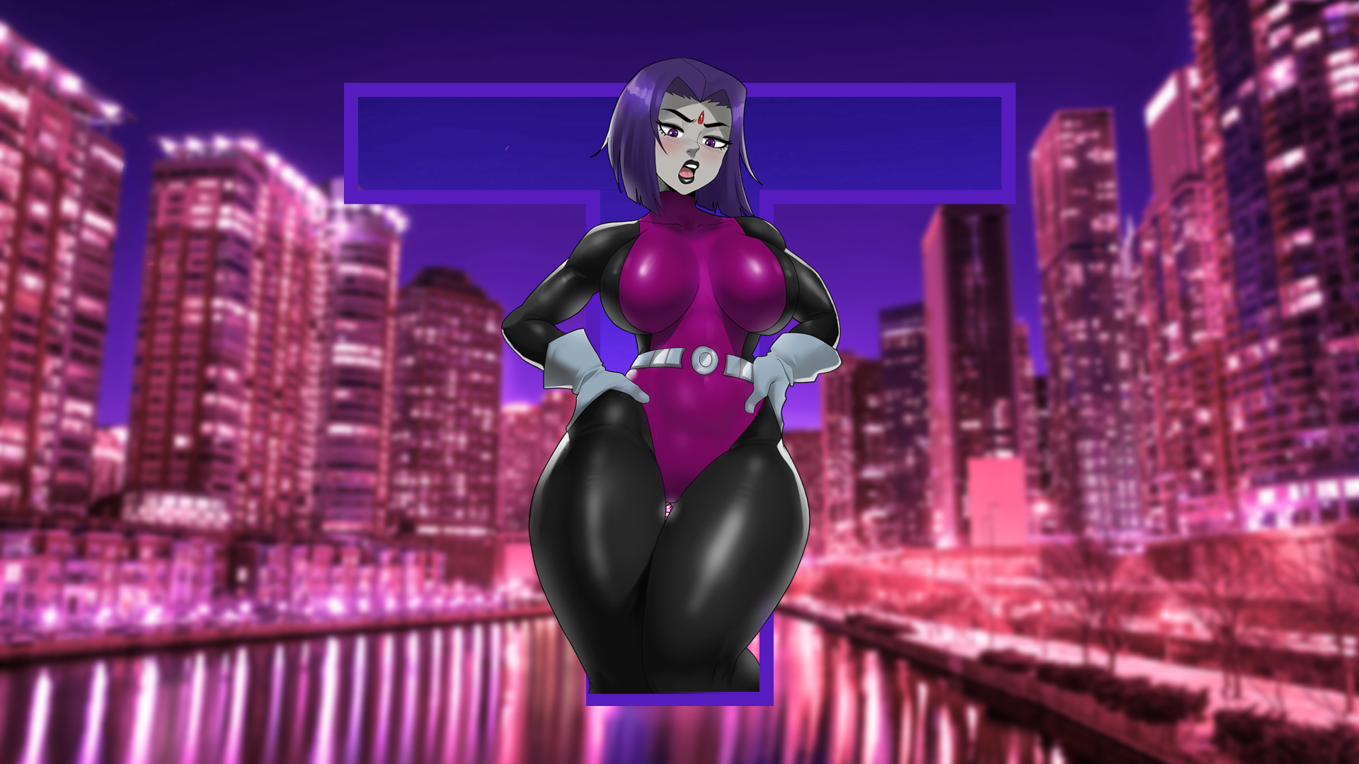 General 1920x1080 Echo Saber Raven (DC Comics) hands on hips purple hair bodysuit picture-in-picture gloves latex bodysuit tight clothing city lights thick thigh cartoon girls belt lipstick lights the gap open mouth looking at viewer short hair water thighs night building DC Comics