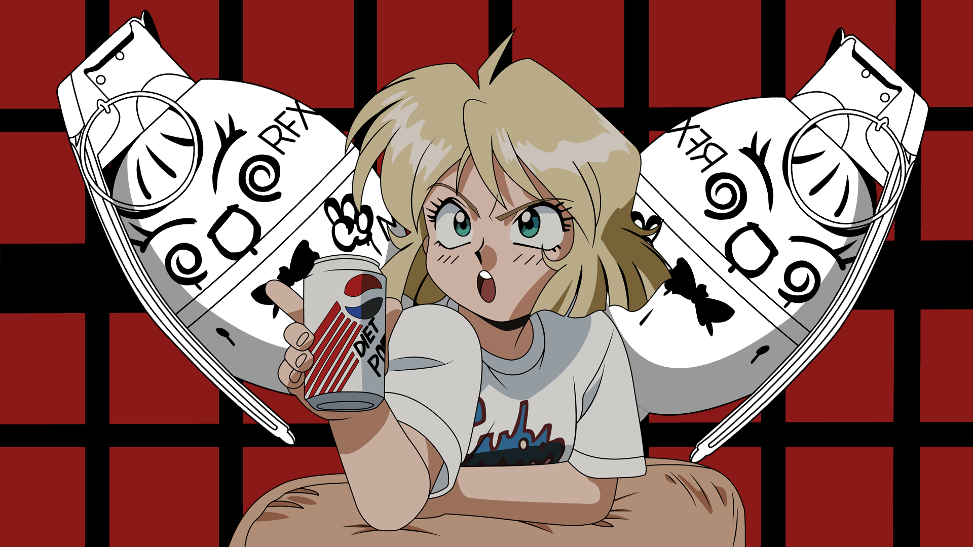 Anime 1920x1080 Hopkins May grenades Pepsi simple background vector Vector trace anime girls white t-shirt green eyes open mouth Gunsmith Cats blonde short sleeves short hair looking away