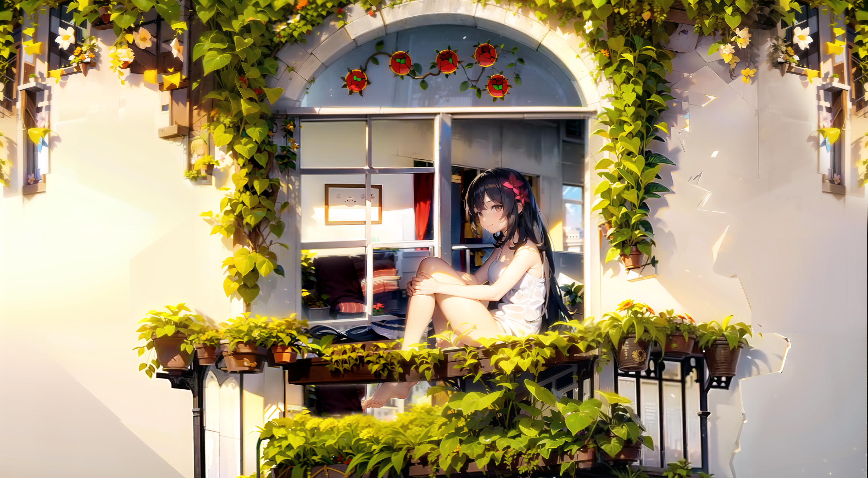 Anime 2784x1536 AI art window vines plants sitting feet looking at viewer bent legs by the window anime girls long hair flower in hair closed mouth smiling brunette brown eyes sunlight holding leg(s)