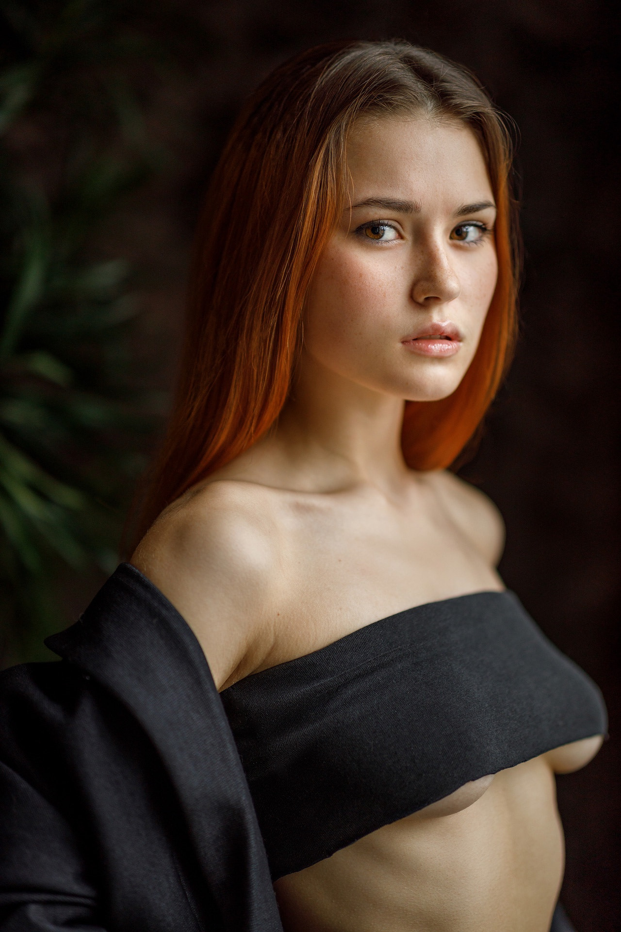 People 1280x1920 Ksenia Sergeeva women Nadezhda Tretyakova redhead underboob black clothing portrait display bare shoulders parted lips