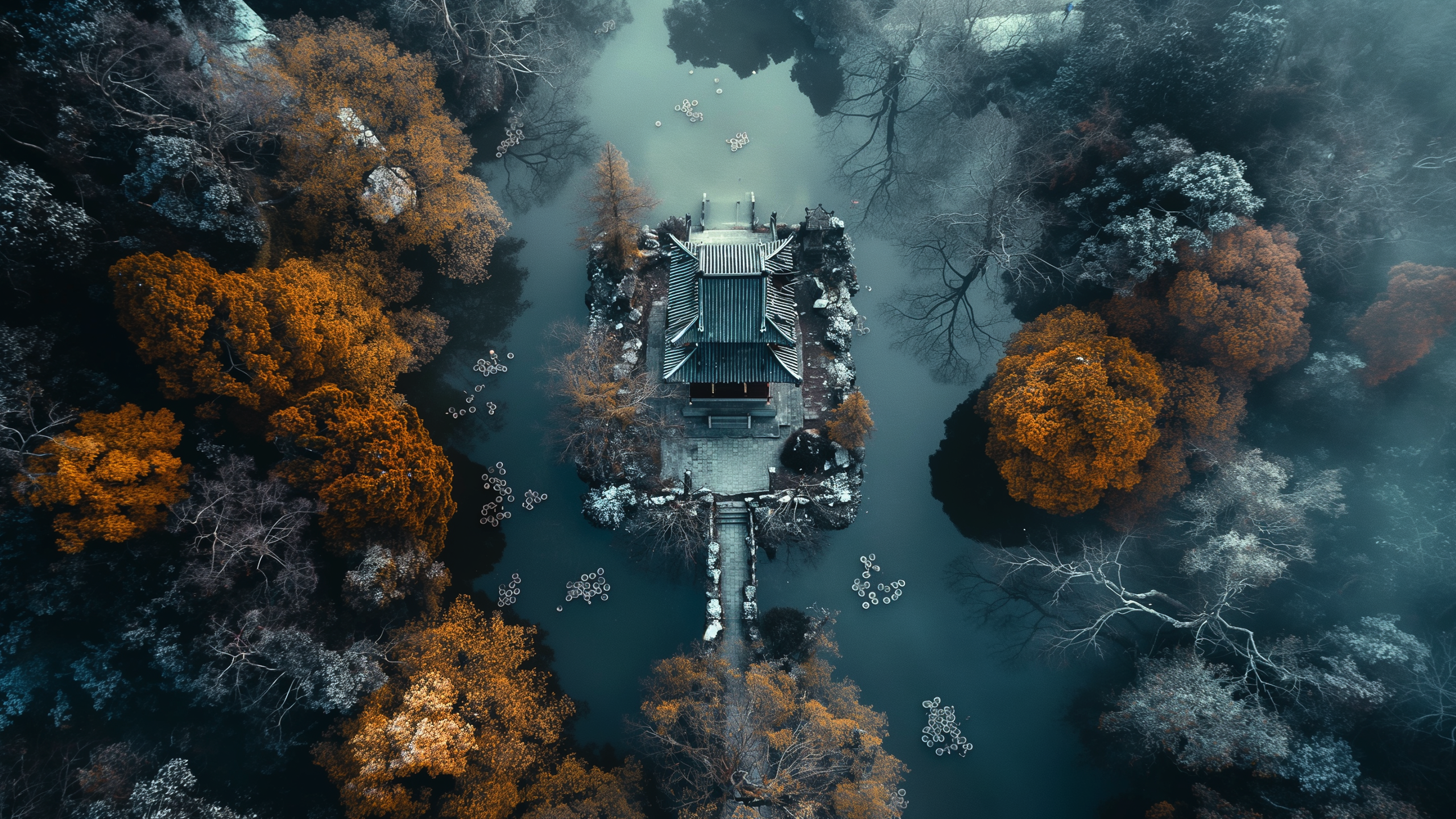 General 2560x1440 AI art drone photo river trees ancient Chinese architecture high contrast aerial view cold fog landscape forest Midjourney