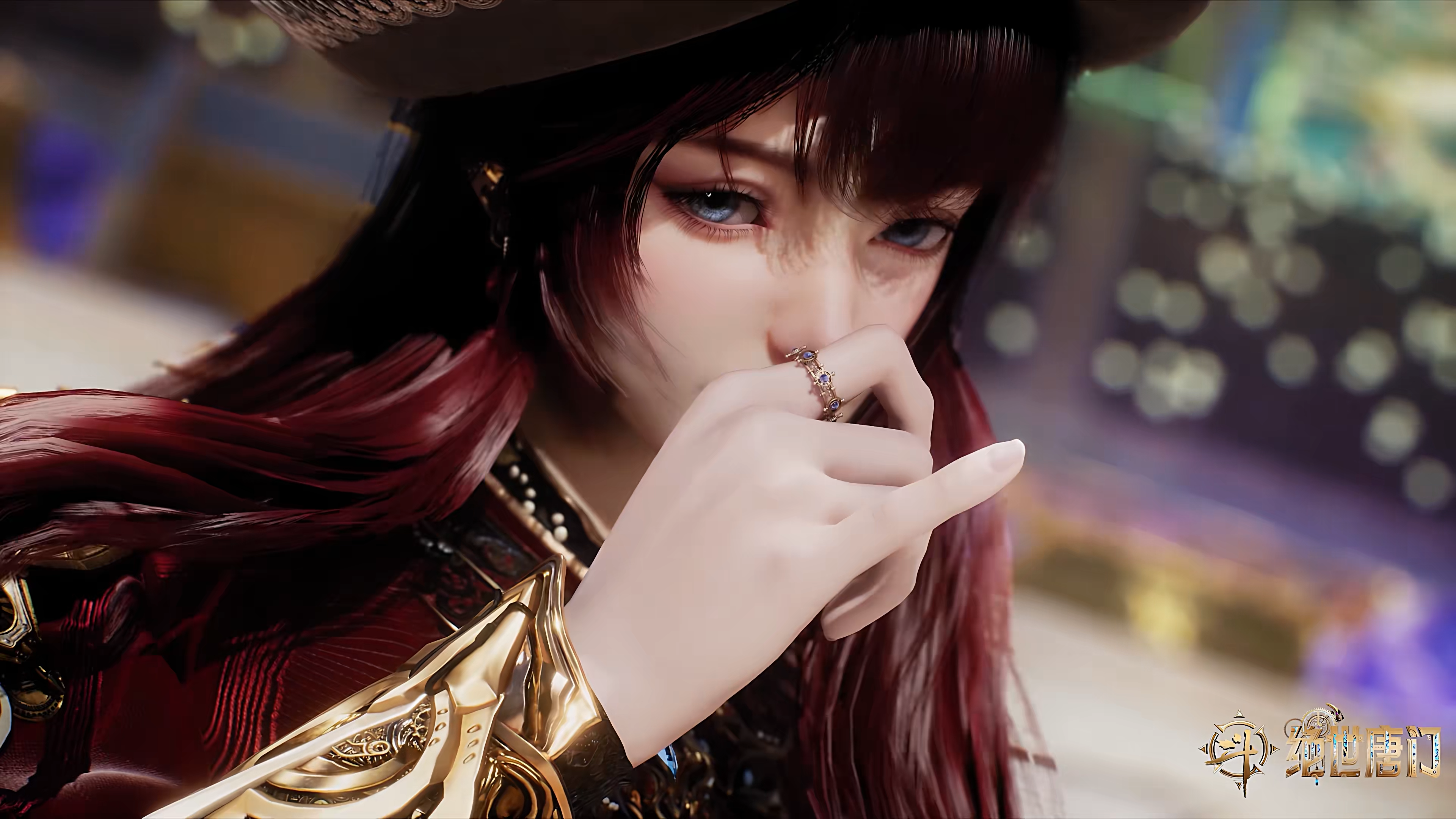 General 3840x2160 Dou Luo Da Lu Jue Shi Tang Men title fantasy art fantasy girl Chinese cartoon CGI hat women with hats blurry background blurred covering mouth long hair looking at viewer rings blue eyes closeup fingers