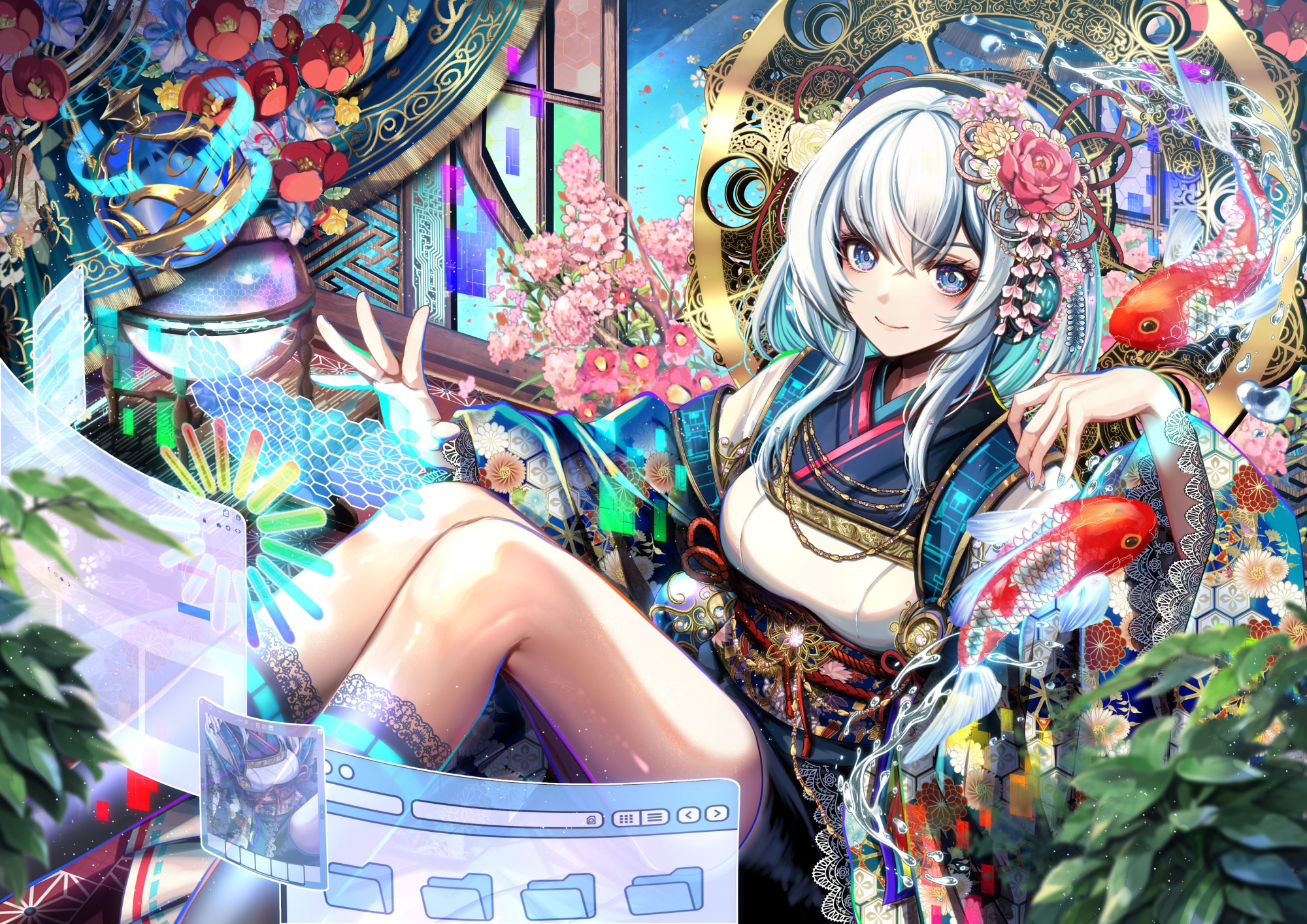 Anime 2000x1414 Tiprip kk looking at viewer white hair blue eyes Japanese clothes fish flowers women outdoors thighs hair ornament kimono leaves