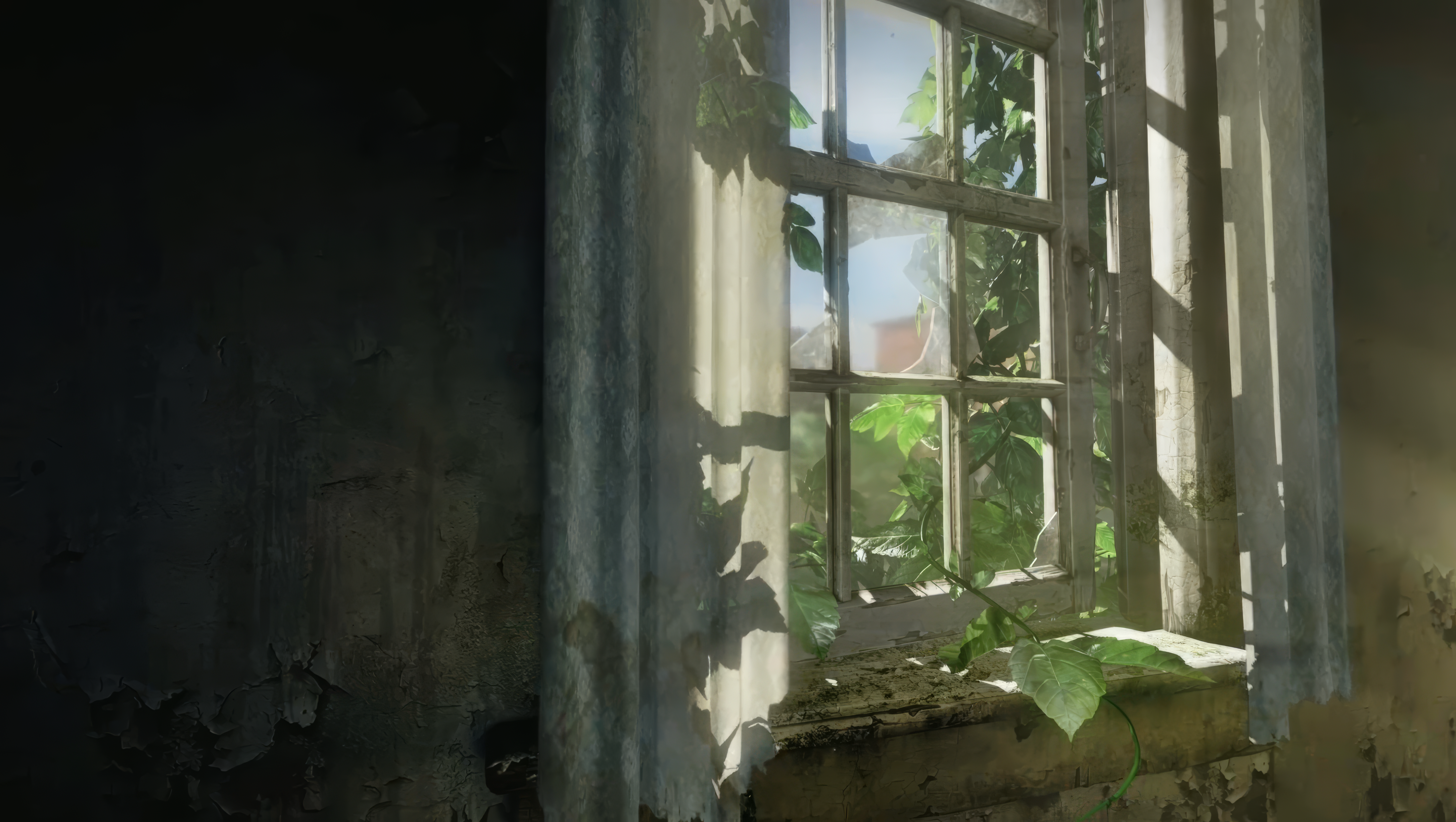 General 4602x2598 AI art urban decay architecture window sunlight leaves curtains natural light vines interior