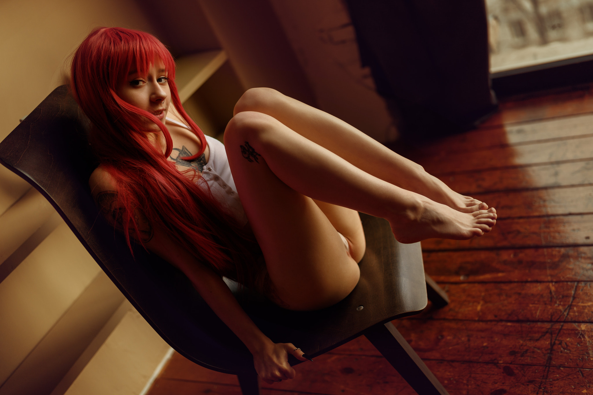 People 2048x1365 women redhead women indoors tattoo skinny panties ass chair floor nose ring shelves window pointed toes