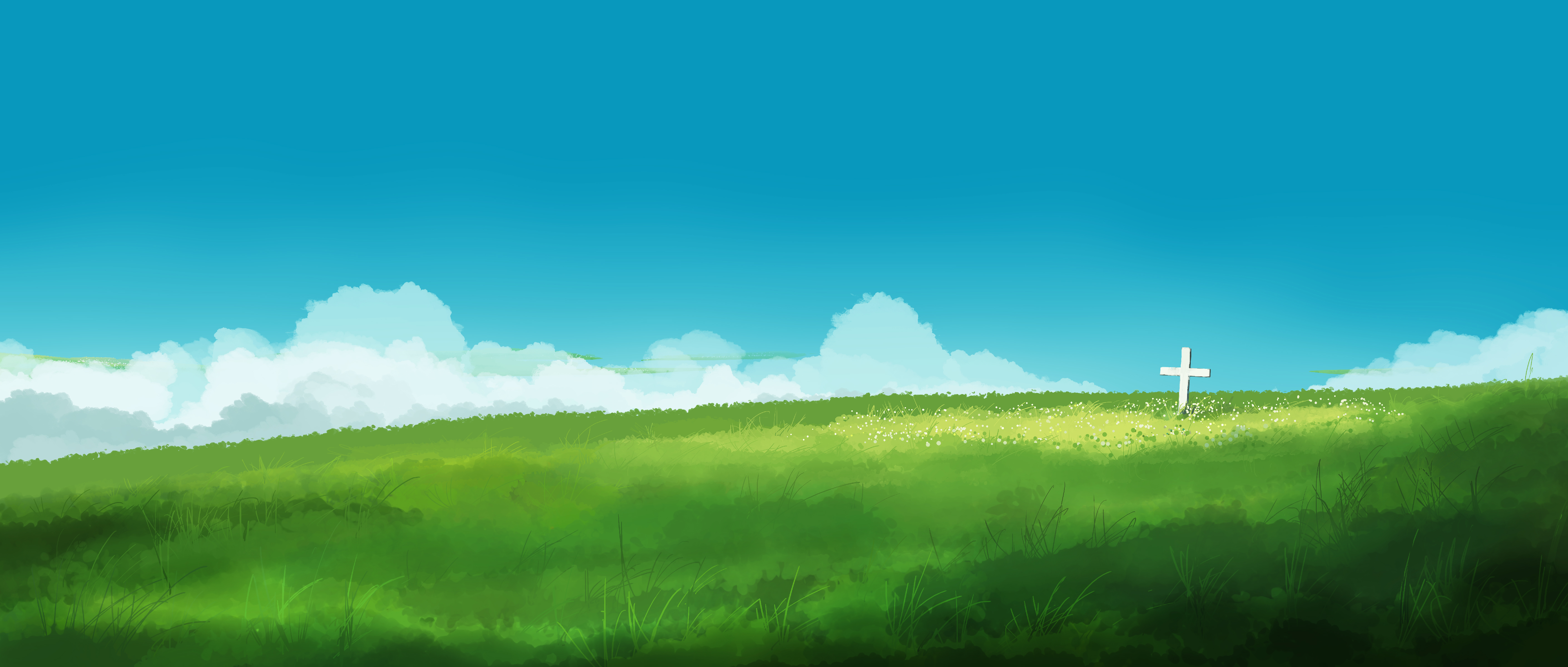 Anime 5640x2400 anime artwork clouds Gracile grass field cross nature sky