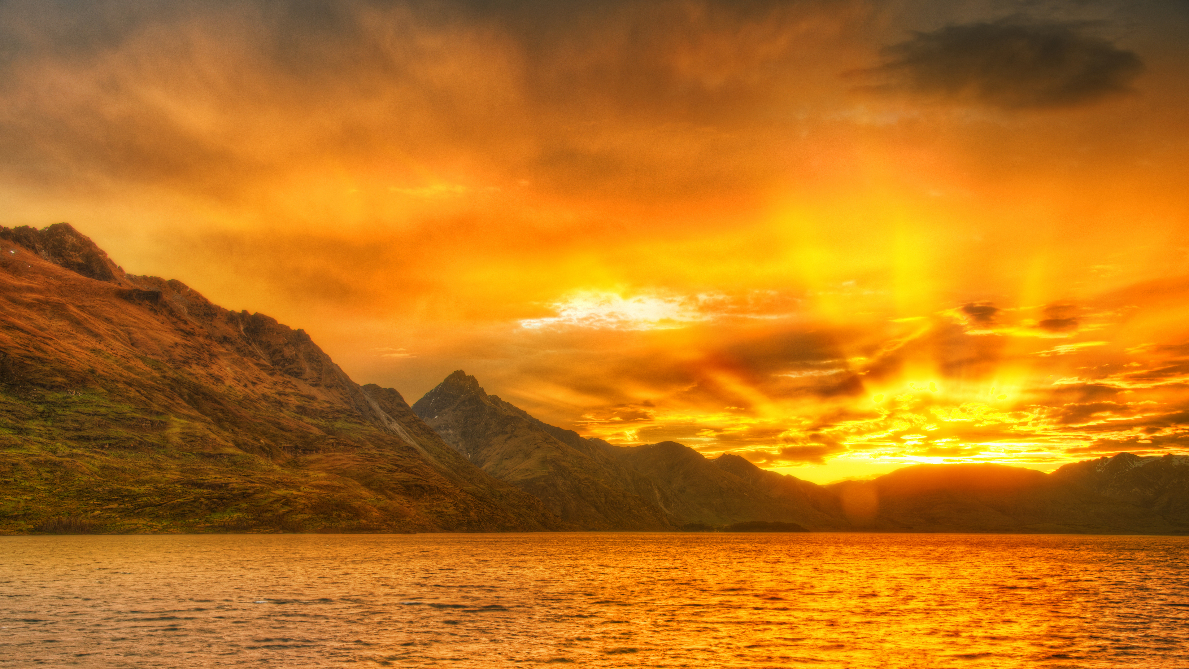 General 3840x2160 landscape 4K New Zealand sunset glow clouds water nature mountains sky