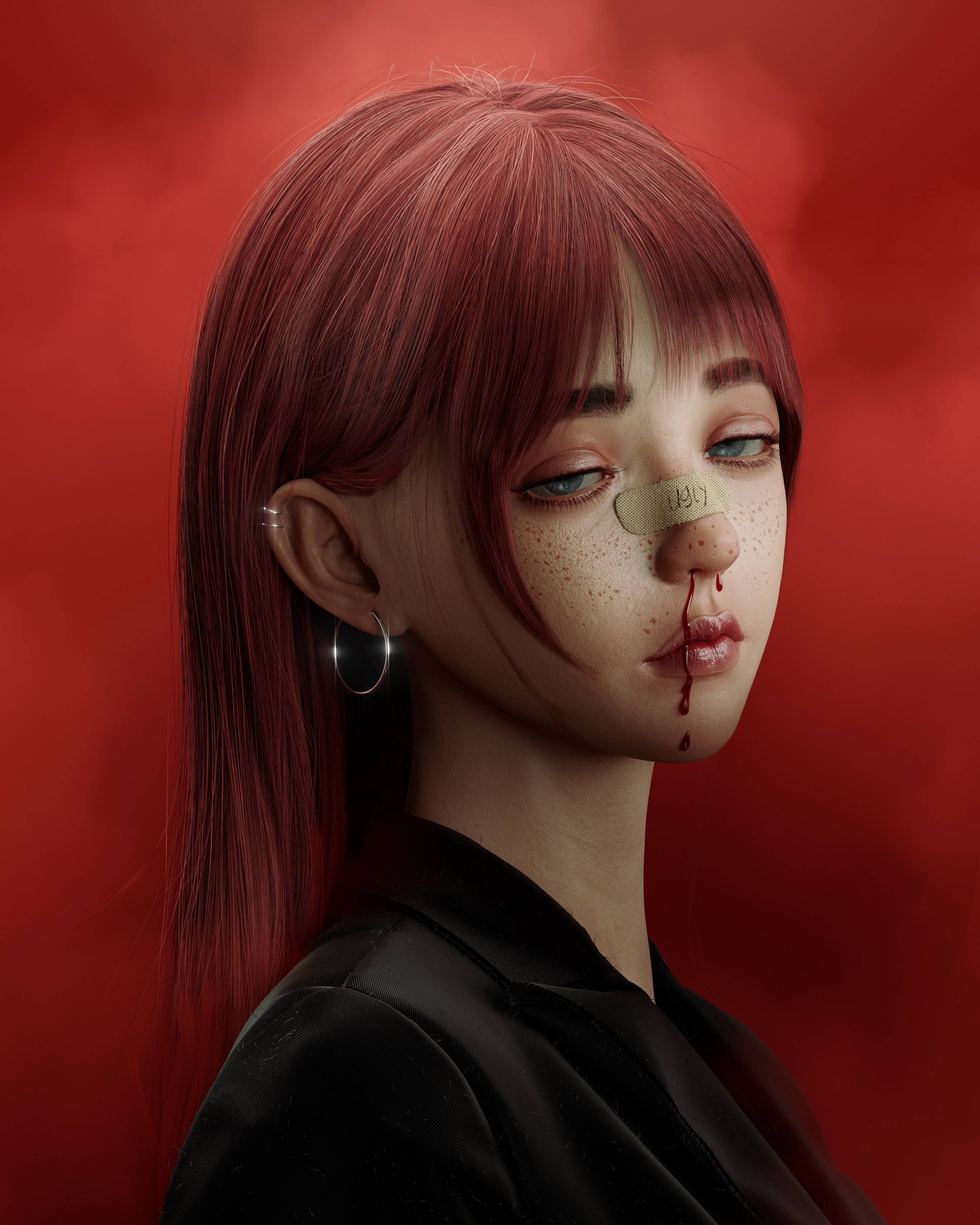 General 3240x4050 yuga digital art artwork illustration women portrait simple background blood earring redhead