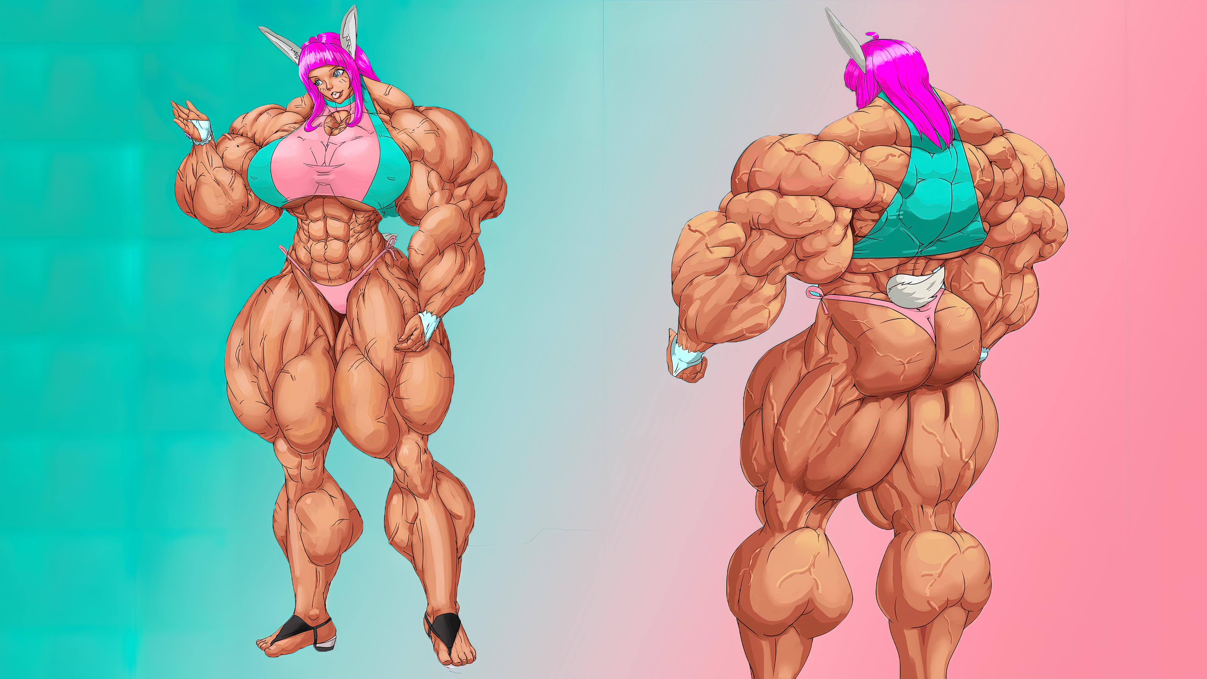Anime 3840x2160 muscles muscular 6-pack abs anime girls toned female artwork biceps strong woman bikini bottoms ass minimalism gradient bunny ears bunny girl bunny tail