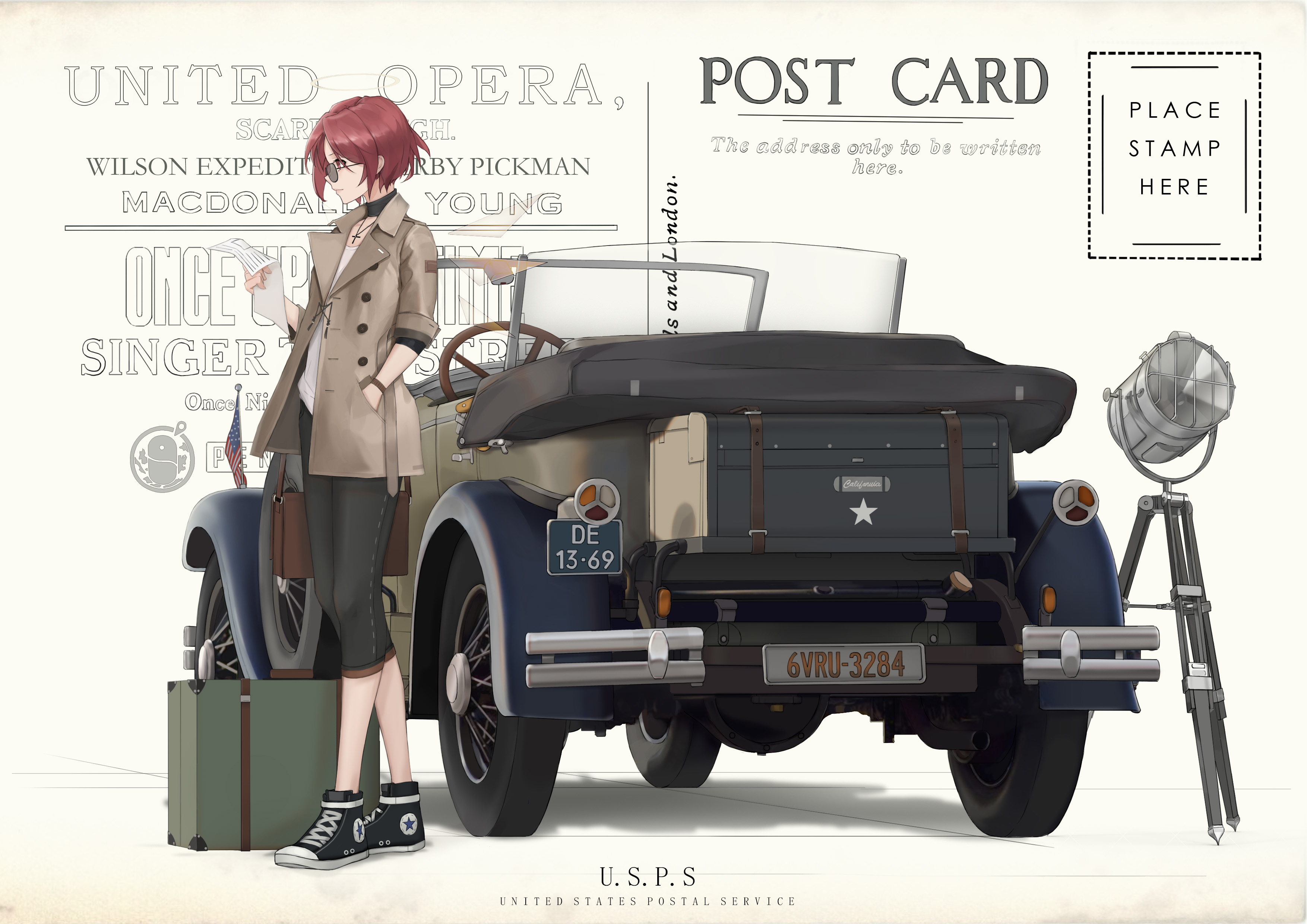 Anime 3508x2480 anime girls anime car brief case redhead glasses hands in pockets shoes red eyes cross necklace Arknights Exusiai (Arknights)