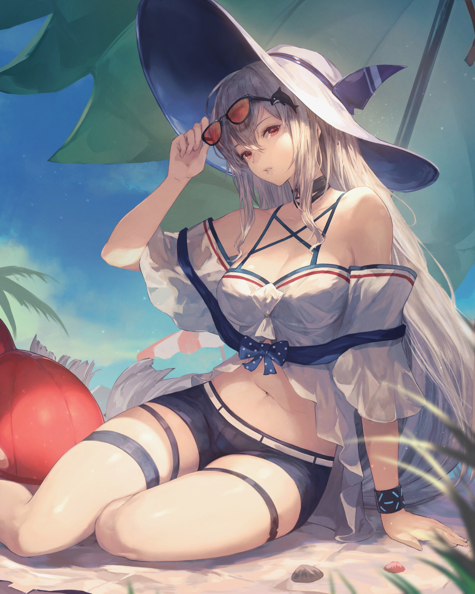 Anime 1638x2048 anime girls anime swimwear belly hat sunglasses sand umbrella Arknights Skadi (Arknights) palm trees long hair arm support parasol silver hair red eyes
